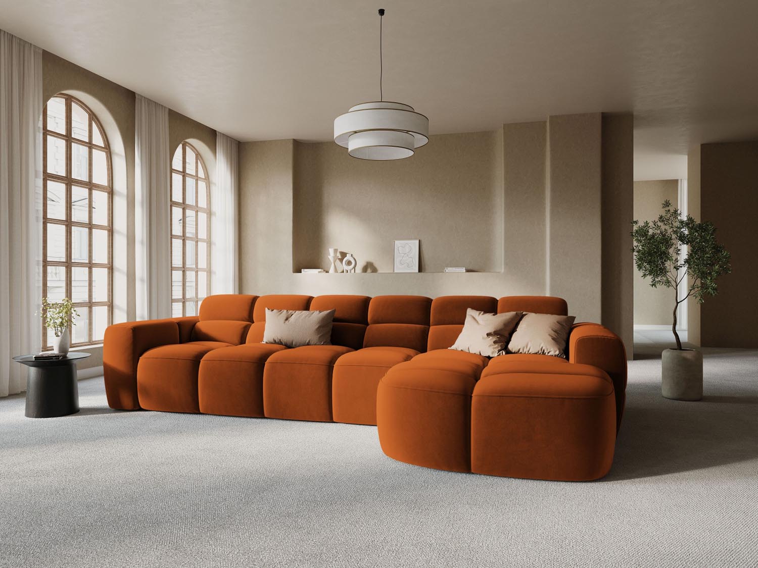 Erleben Sie das stilvolle Lisa Velour Ecksofa rechts von Micadoni. Dieses 4-Sitzer Sofa vereint modernen Komfort und elegantes Design für Ihr Wohnzimmer.