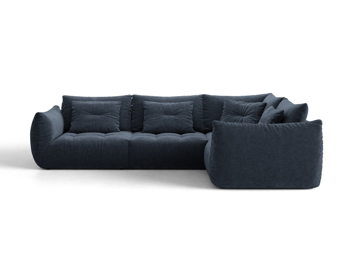 Ecksofa rechts Bloom von Micadoni in leichtem Beige, Veloursstoff Casino Pearl, schwarze Kunststoffbeine, moderne Polstermöbel-Form.