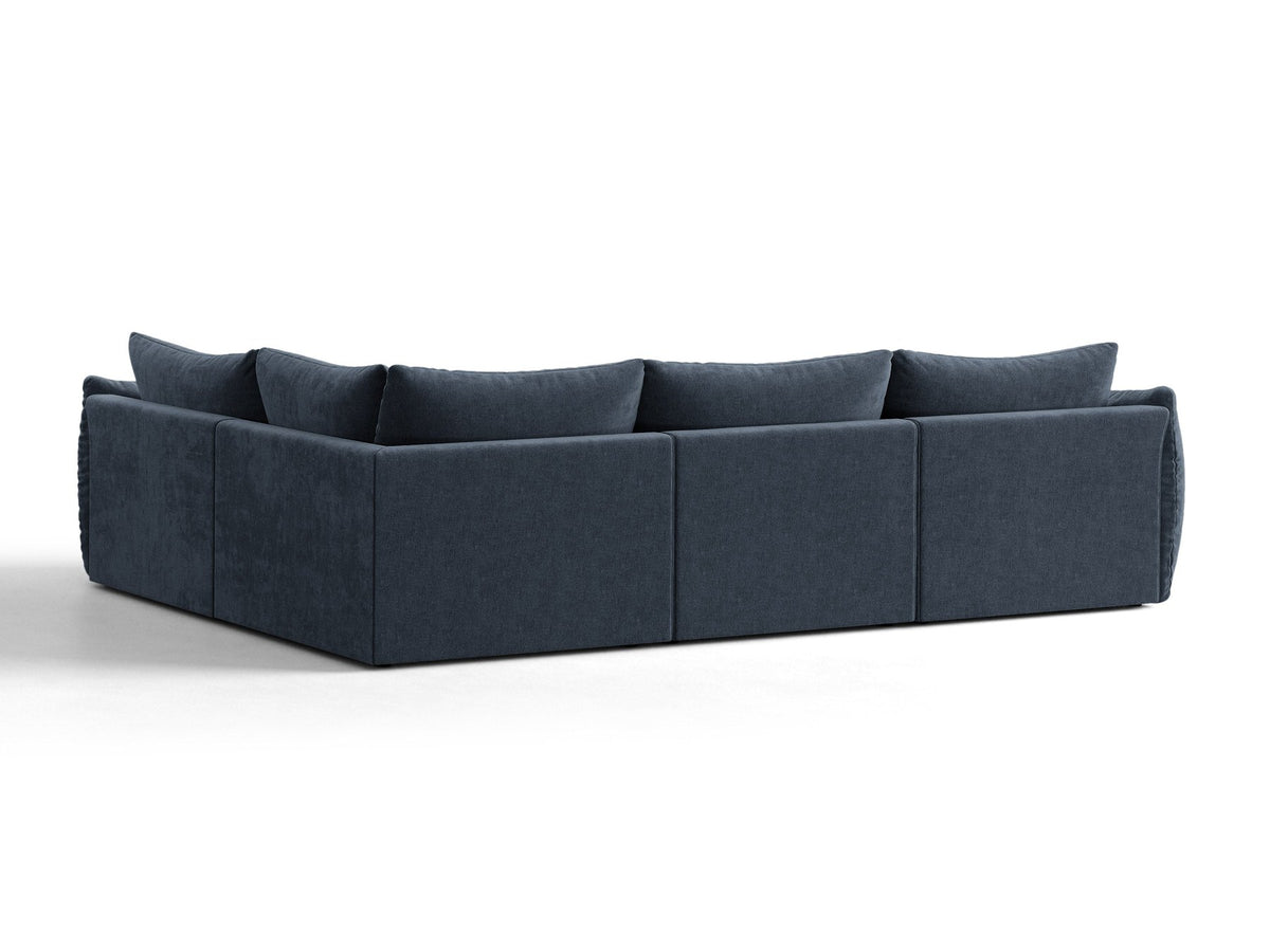 Ecksofa rechts Bloom von Micadoni in leichtem Beige, Veloursstoff Casino Pearl, schwarze Kunststoffbeine, moderne Polstermöbel-Form.