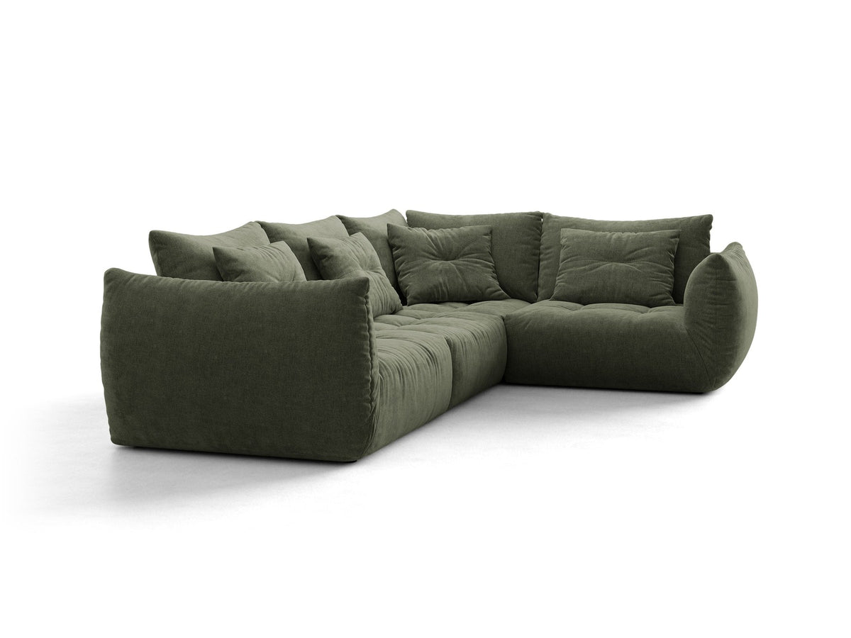 Ecksofa rechts Bloom von Micadoni in leichtem Beige, Veloursstoff Casino Pearl, schwarze Kunststoffbeine, moderne Polstermöbel-Form.