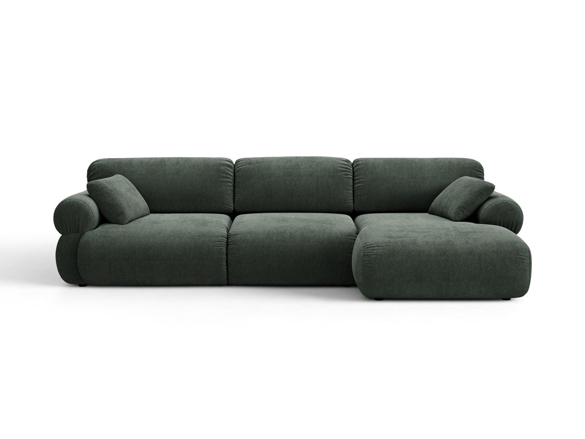Beiges L-förmiges Ecksofa Ophelia von Micadoni mit Liberty-Stoffbezug, schwarzen Kunststoffbeinen und niedriger Rückenlehne, Ausrichtung rechts.