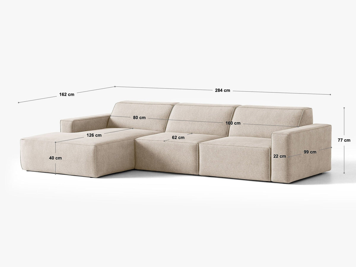 Modulares Ecksofa rechts von Micadoni in leichtem Beige, Samtstoff Venus, mit schwarzen Kunststoffbeinen und niedriger Rückenlehne.