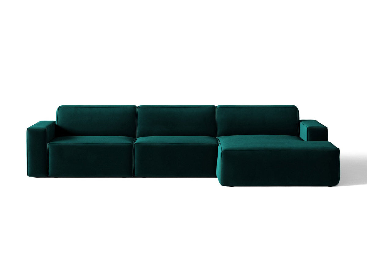 Modulares Ecksofa rechts von Micadoni in leichtem Beige, Samtstoff Venus, mit schwarzen Kunststoffbeinen und niedriger Rückenlehne.