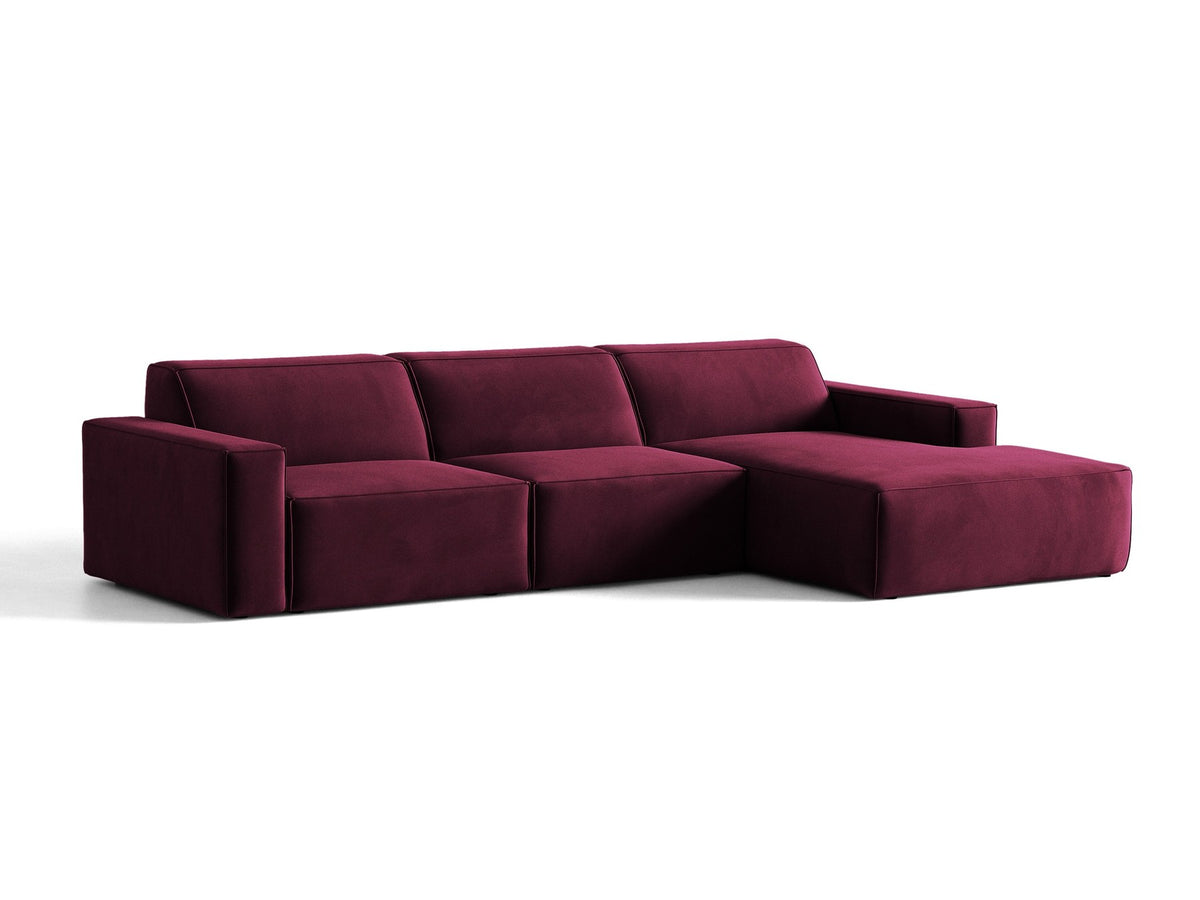 Modulares Ecksofa rechts von Micadoni in leichtem Beige, Samtstoff Venus, mit schwarzen Kunststoffbeinen und niedriger Rückenlehne.