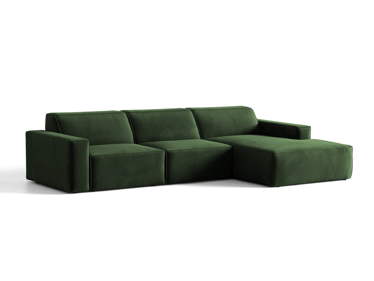 Modulares Ecksofa rechts von Micadoni in leichtem Beige, Samtstoff Venus, mit schwarzen Kunststoffbeinen und niedriger Rückenlehne.