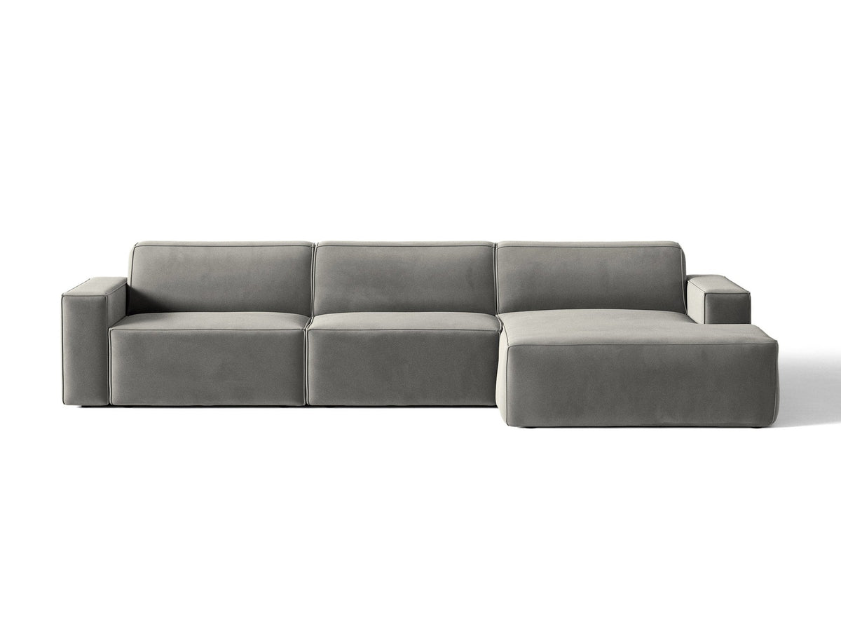 Modulares Ecksofa rechts von Micadoni in leichtem Beige, Samtstoff Venus, mit schwarzen Kunststoffbeinen und niedriger Rückenlehne.