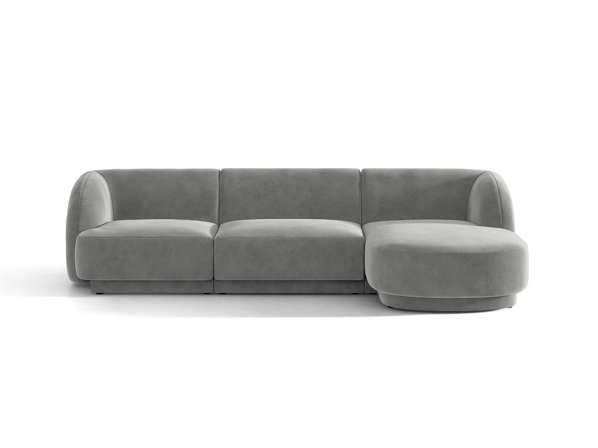 Dunkelbeiges L-Sofa Miley von Micadoni mit Bluvel-Stoffbezug, schwarzen Kunststoffbeinen und modularer Bauweise, rechts ausgerichtet.