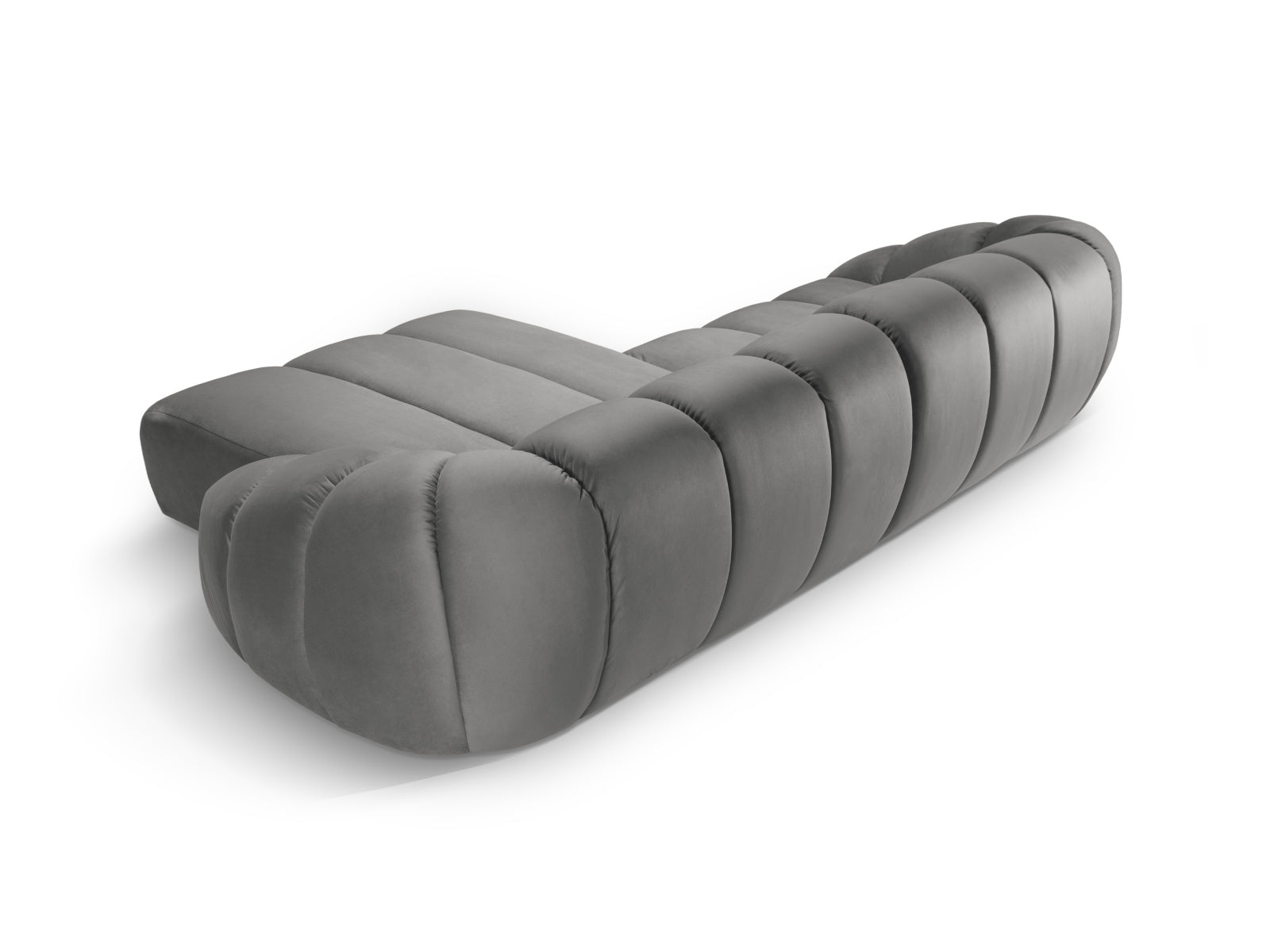 Modernes Diana Velour Ecksofa in edlem Grau, 4-Sitzer, rechtsseitig, perfekt für gemütliche und stilvolle Wohnambiente.
