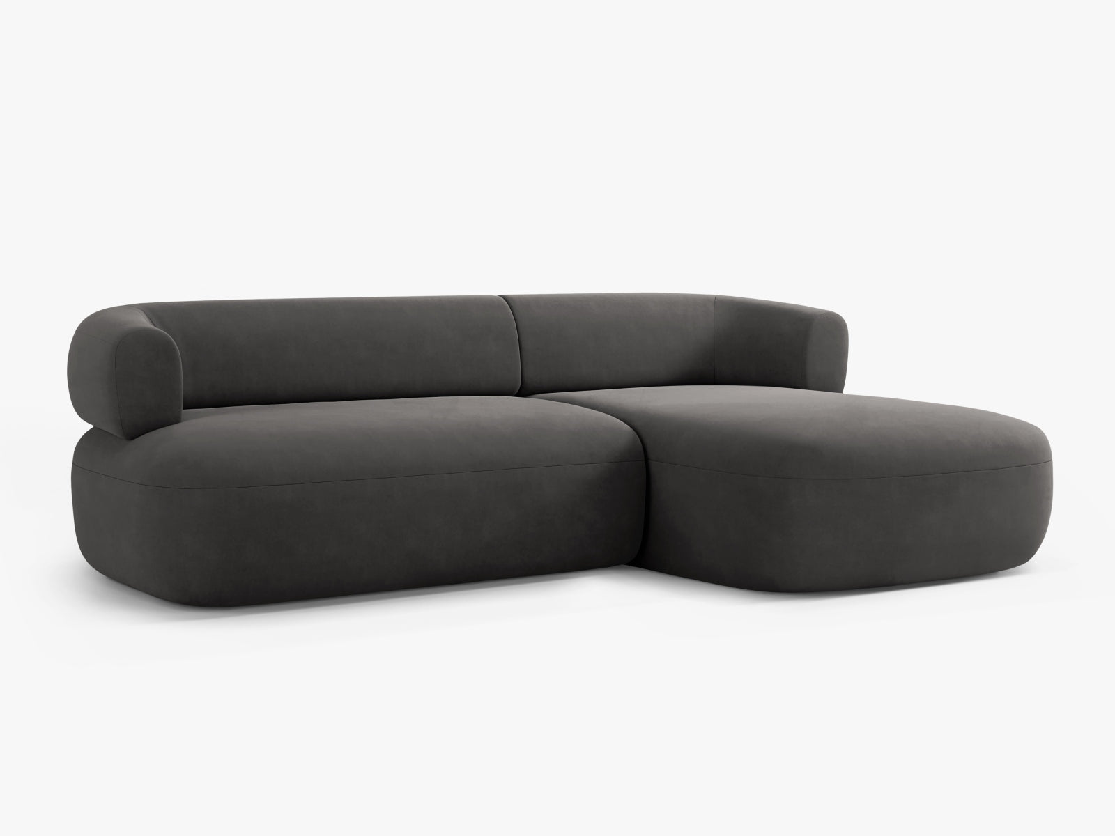 Modernes 5-Sitzer Ecksofa Jenny in Velours, rechts, in edlem Dunkelgrau. Perfekt für gemütliche und stilvolle Wohnambiente.