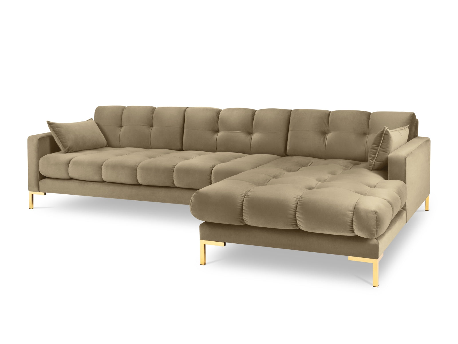 Mamaia Velour Ecksofa rechts 5 Sitzer in Beige/Gold präsentiert im Onlineshop von KAQTU Design AG. Ecksofa rechts ist von Micadoni