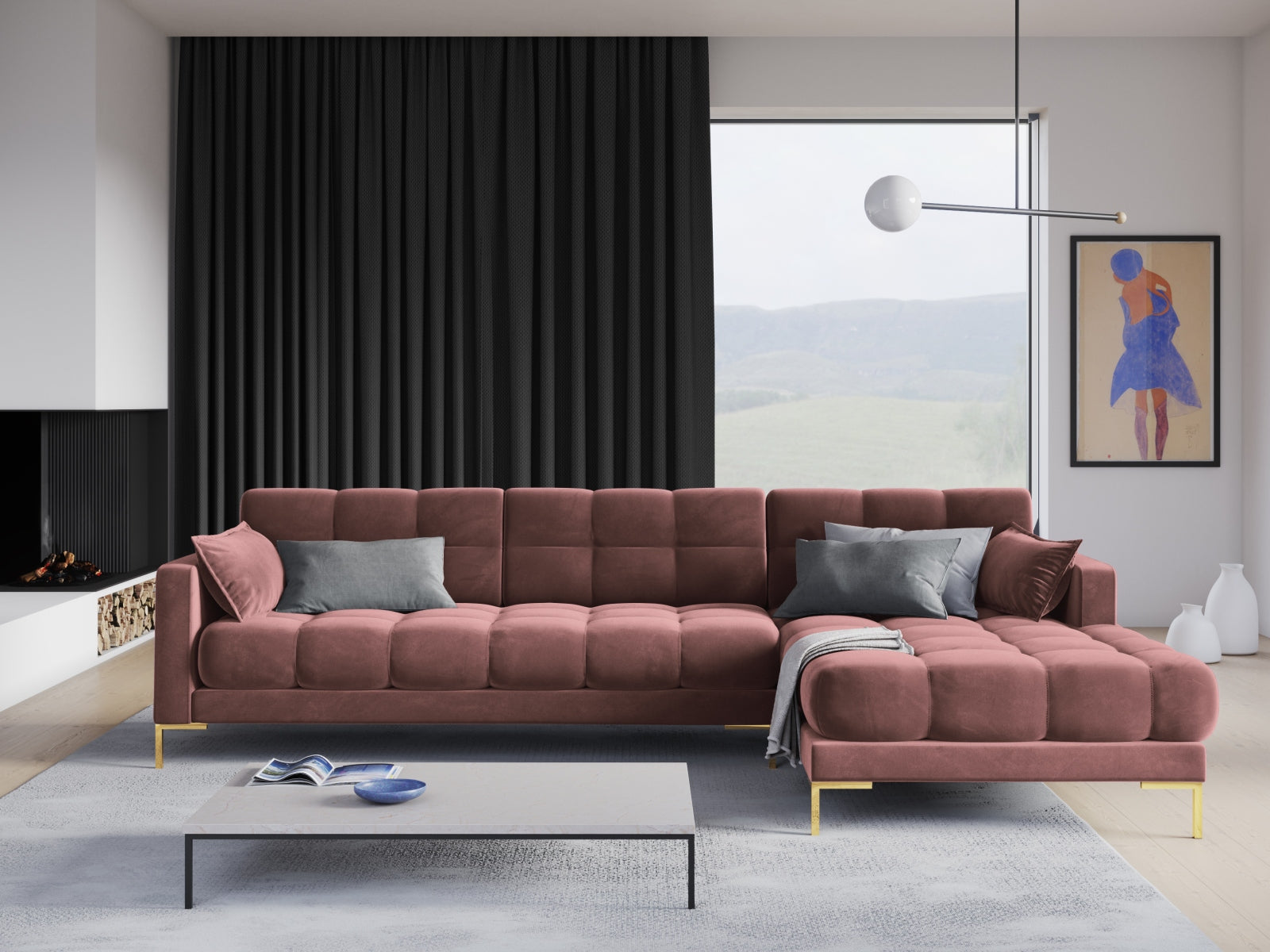 Entdecken Sie das elegante Mamaia Velour Ecksofa rechts von Micadoni – ein stilvolles 5-Sitzer Sofa für Ihr modernes Wohnzimmer.