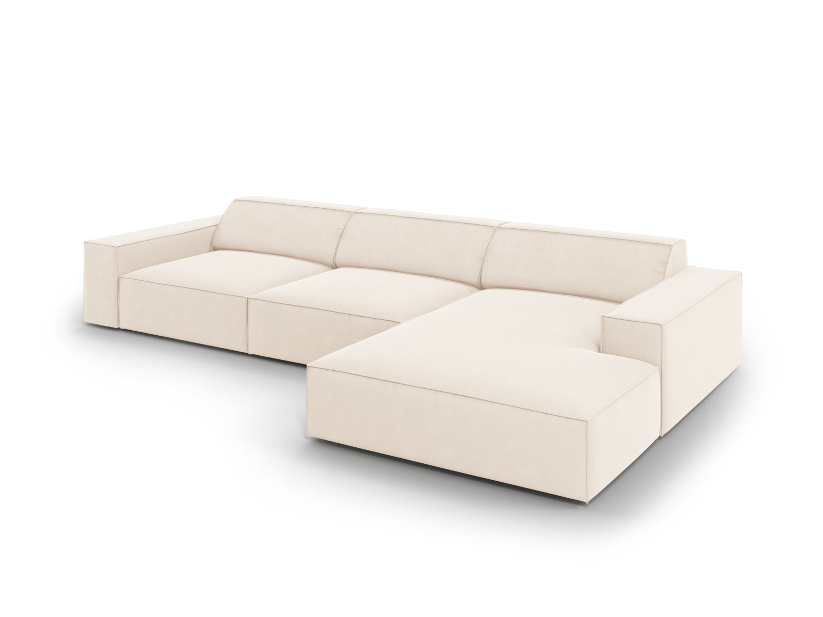 Elegantes, modulares Ecksofa Jodie Velour in sanftem Beige, 4-Sitzer, rechts, ideal für stilvolle und gemütliche Wohnlandschaften.
