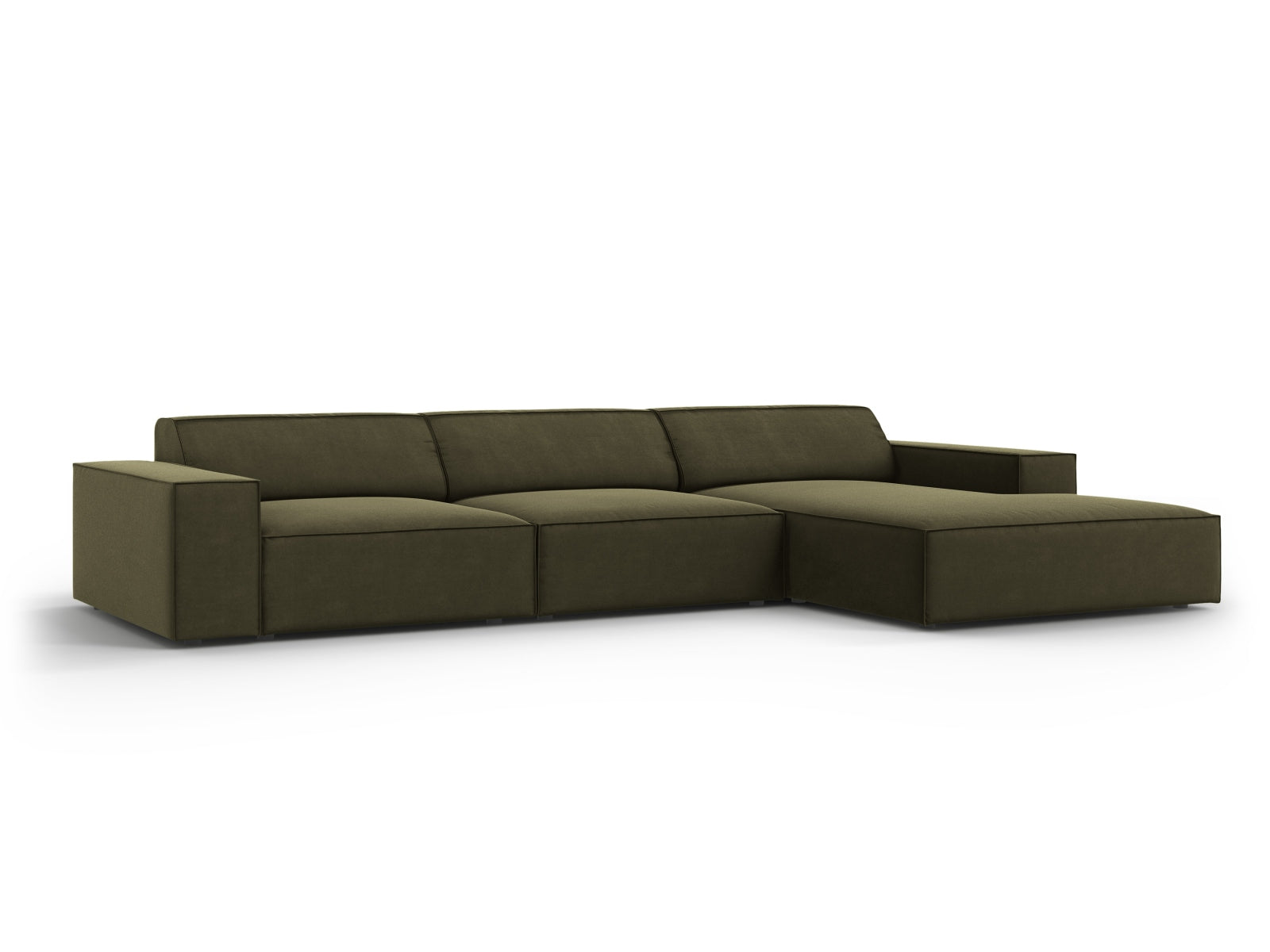 Modulares Jodie Velour Ecksofa in edlem Green-Bluvel, bietet Platz für vier Personen und vereint Komfort mit modernem Design.