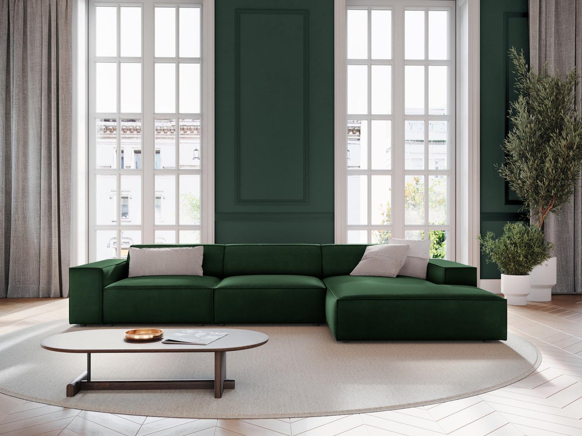 Jodie Velour modulares Ecksofa rechts 4 Sitzer in Bottle Green-Bluvel präsentiert im Onlineshop von KAQTU Design AG. L-Sofa rechts ist von Micadoni