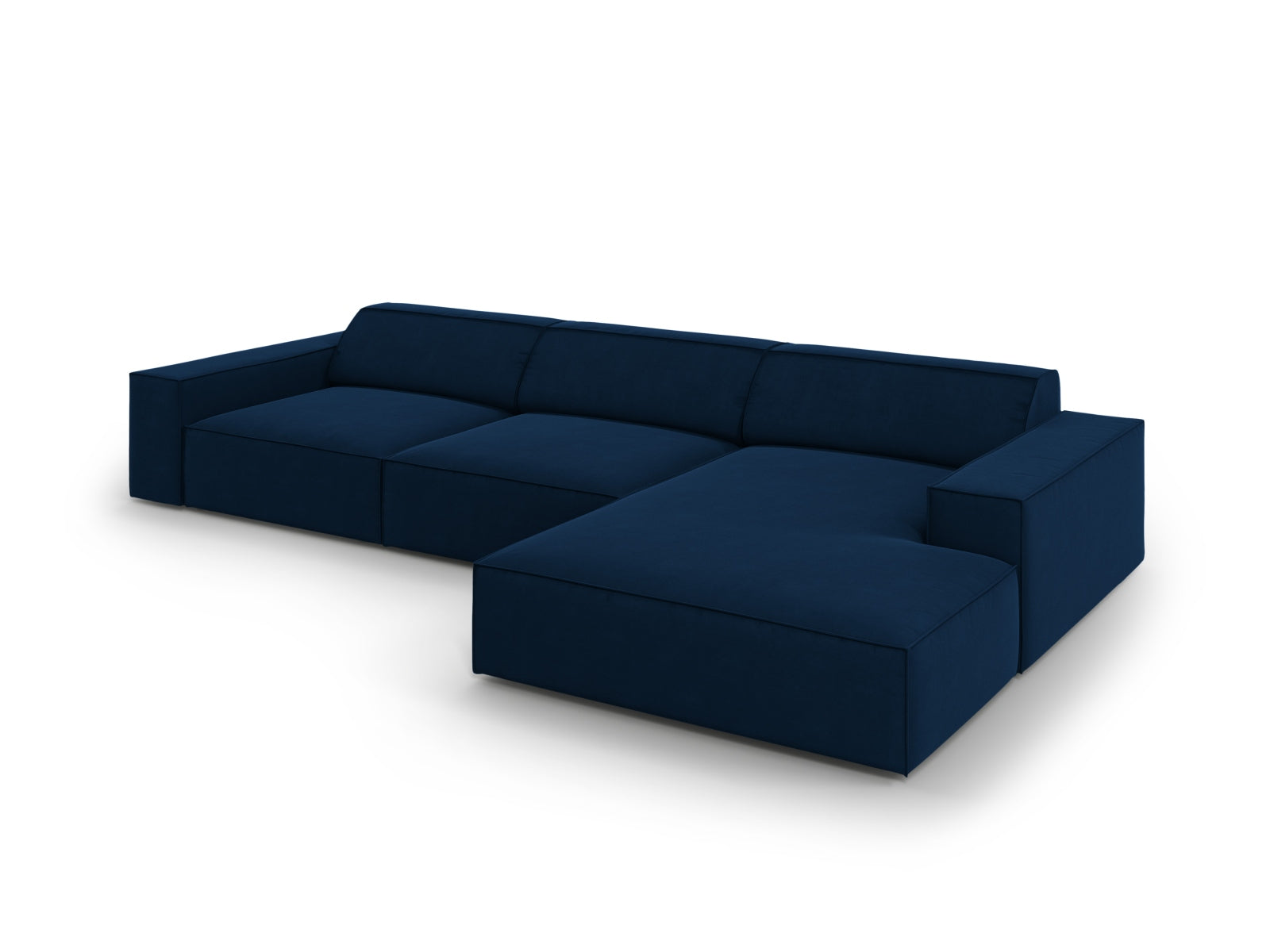Elegantes, modulares Ecksofa Jodie in Royal Blue, 4-Sitzer mit weichem Velour, ideal für stilvolle Wohnräume und entspannte Stunden.