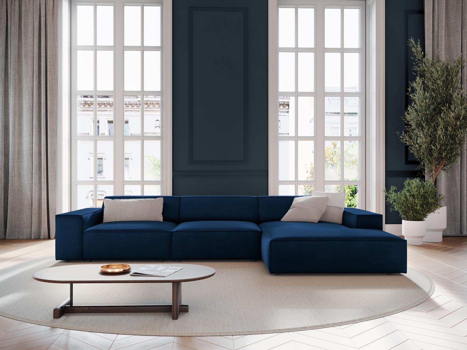 Elegantes, modulares Ecksofa Jodie in Royal Blue, ideal für stilvolle Wohnräume. Komfortables 4-Sitzer-Design von Micadoni.