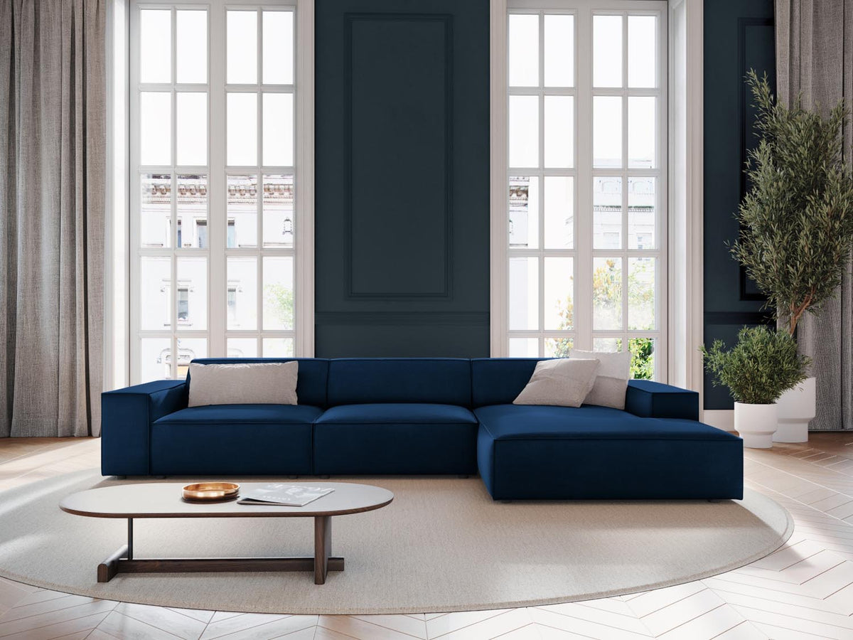 Jodie Velour modulares Ecksofa rechts 4 Sitzer in Royal Blue-Bluvel präsentiert im Onlineshop von KAQTU Design AG. L-Sofa rechts ist von Micadoni