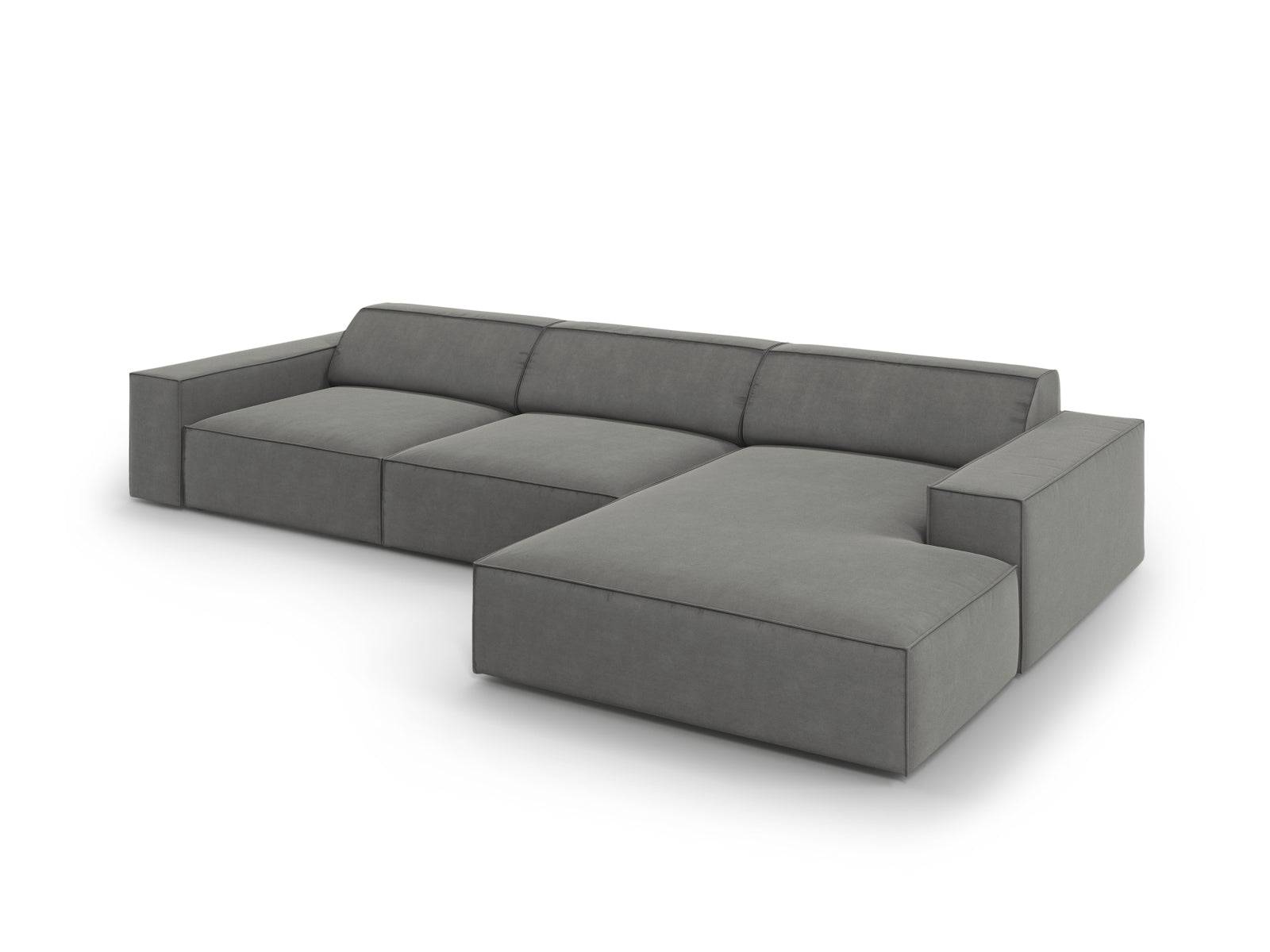 Elegantes, modulares Ecksofa Jodie Velour in hellem Grau, perfekt für stilvolle Wohnräume und gesellige Abende mit Freunden.