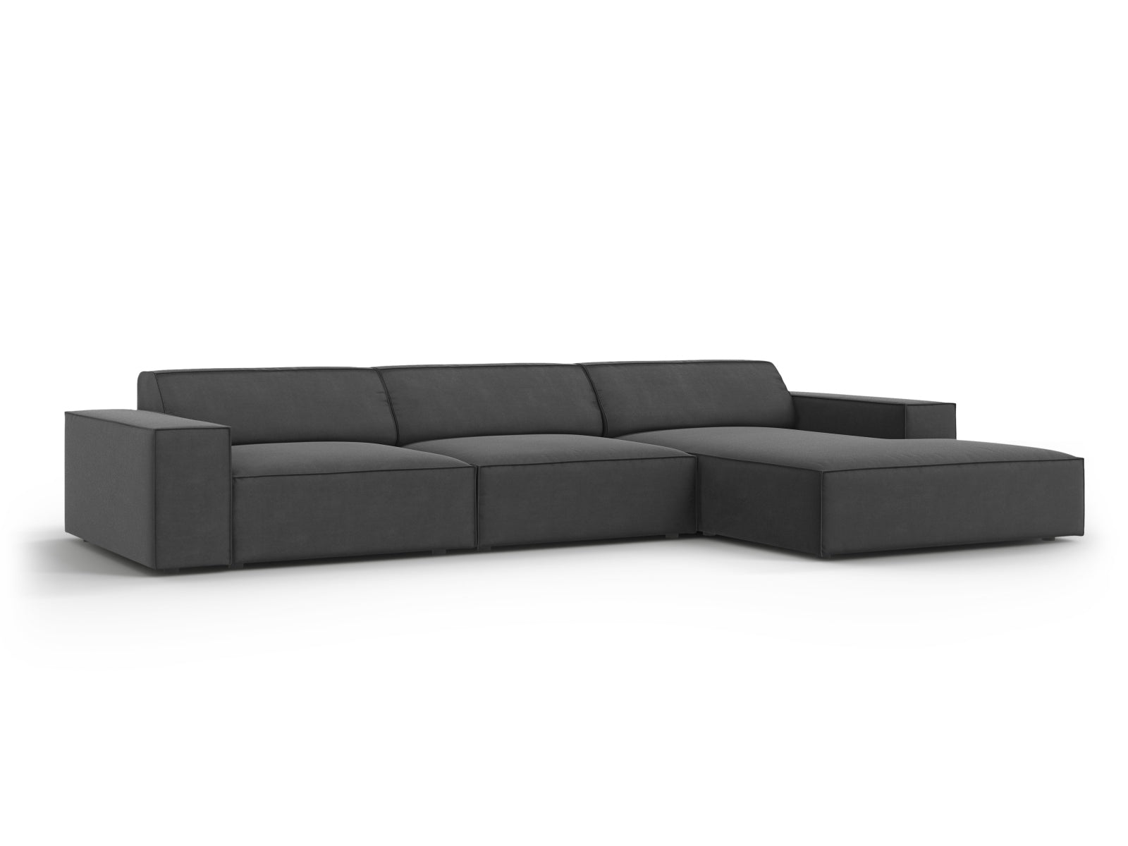 Modulares Ecksofa Jodie Velour in Grau-Blau, 4-Sitzer, rechtsseitig, perfekt für moderne Wohnkonzepte und gemütliche Entspannung.