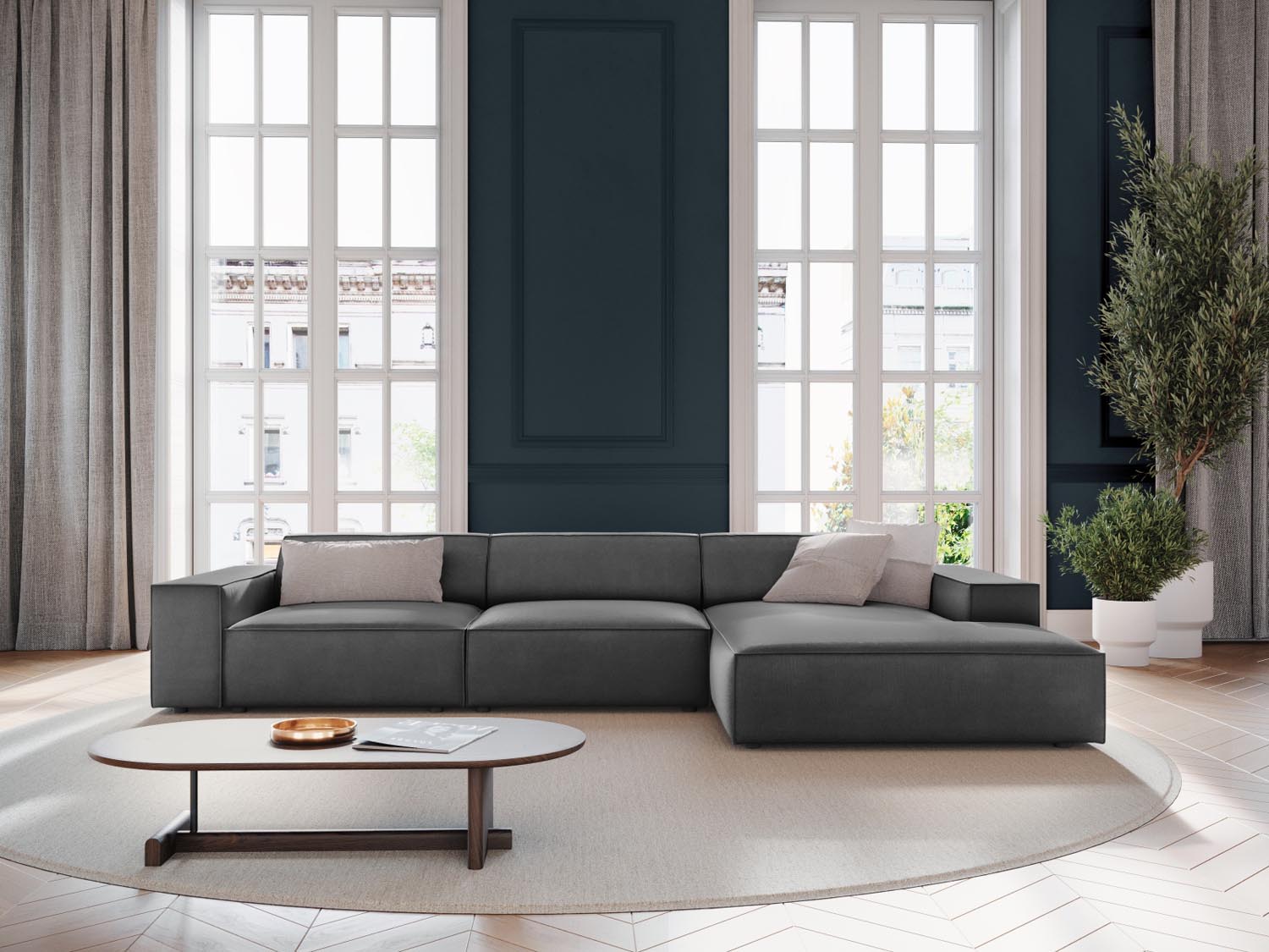 Elegantes Jodie Velour Ecksofa in Grau-Blau, modulares Design, ideal für stilvolle Wohnräume, präsentiert von KAQTU Design AG.