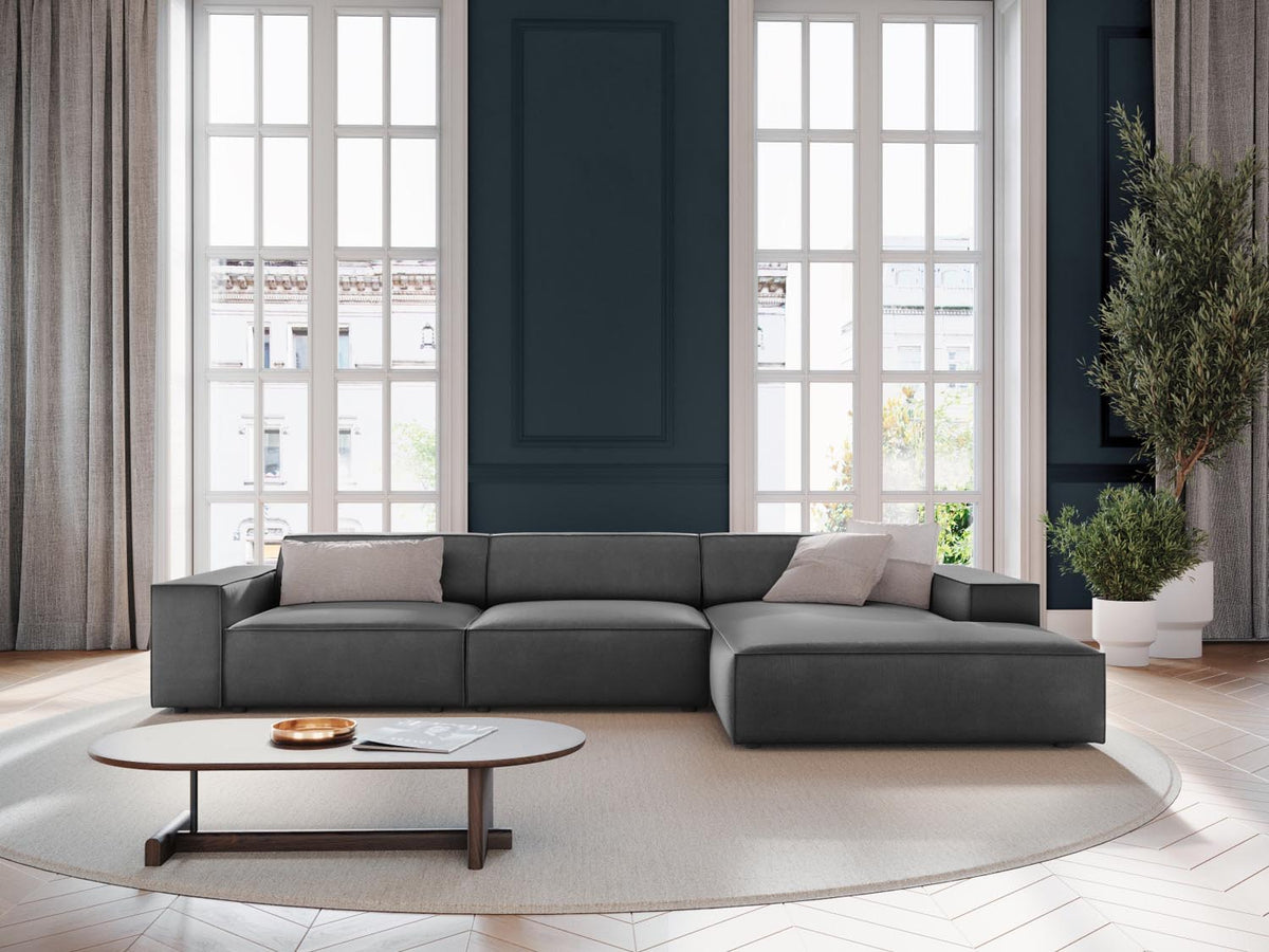 Jodie Velour modulares Ecksofa rechts 4 Sitzer in Grey-Bluvel präsentiert im Onlineshop von KAQTU Design AG. L-Sofa rechts ist von Micadoni