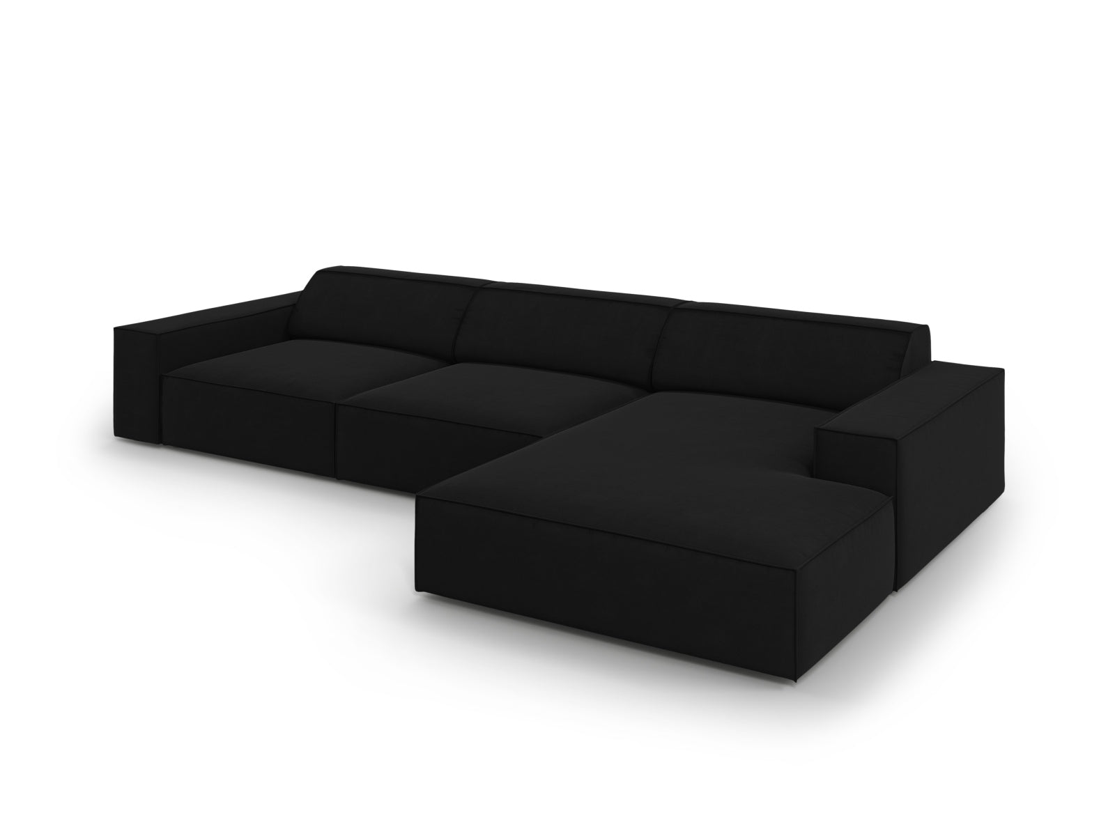 Elegantes Jodie Velour Ecksofa in Schwarz-Bluvel, 4-Sitzer, rechtsseitig, ideal für stilvolle und komfortable Wohnräume.