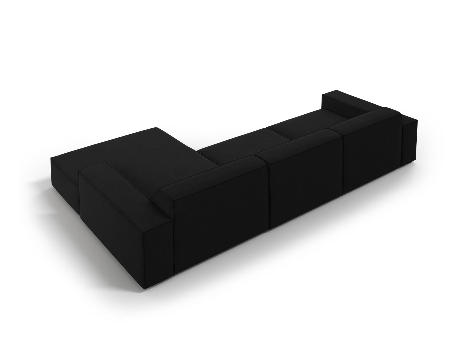 Modulares Jodie Velour Ecksofa in edlem Schwarz-Bluvel, 4-Sitzer, rechtsseitig, perfekt für moderne und gemütliche Wohnlandschaften.