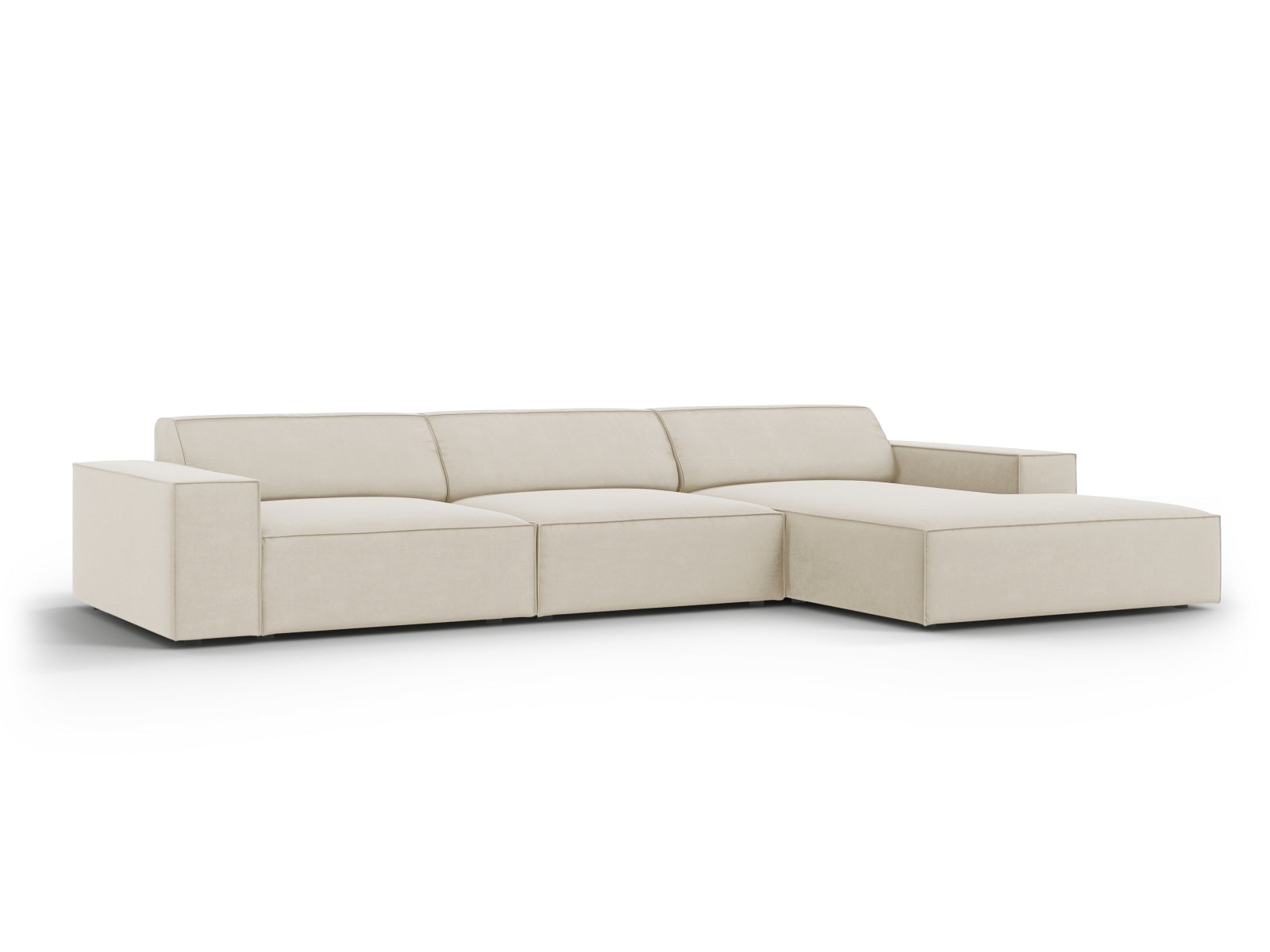 Modulares Ecksofa Jodie Velour in sanftem Dunkelbeige, perfekt für moderne Wohnzimmer. Bietet Flexibilität und Komfort für jeden Raum.