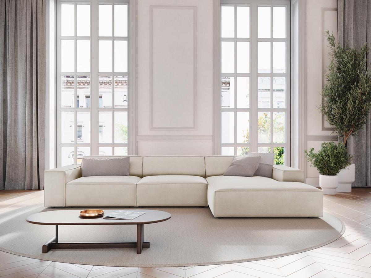 Jodie Velour modulares Ecksofa rechts 4 Sitzer in Dark Beige-Bluvel präsentiert im Onlineshop von KAQTU Design AG. L-Sofa rechts ist von Micadoni