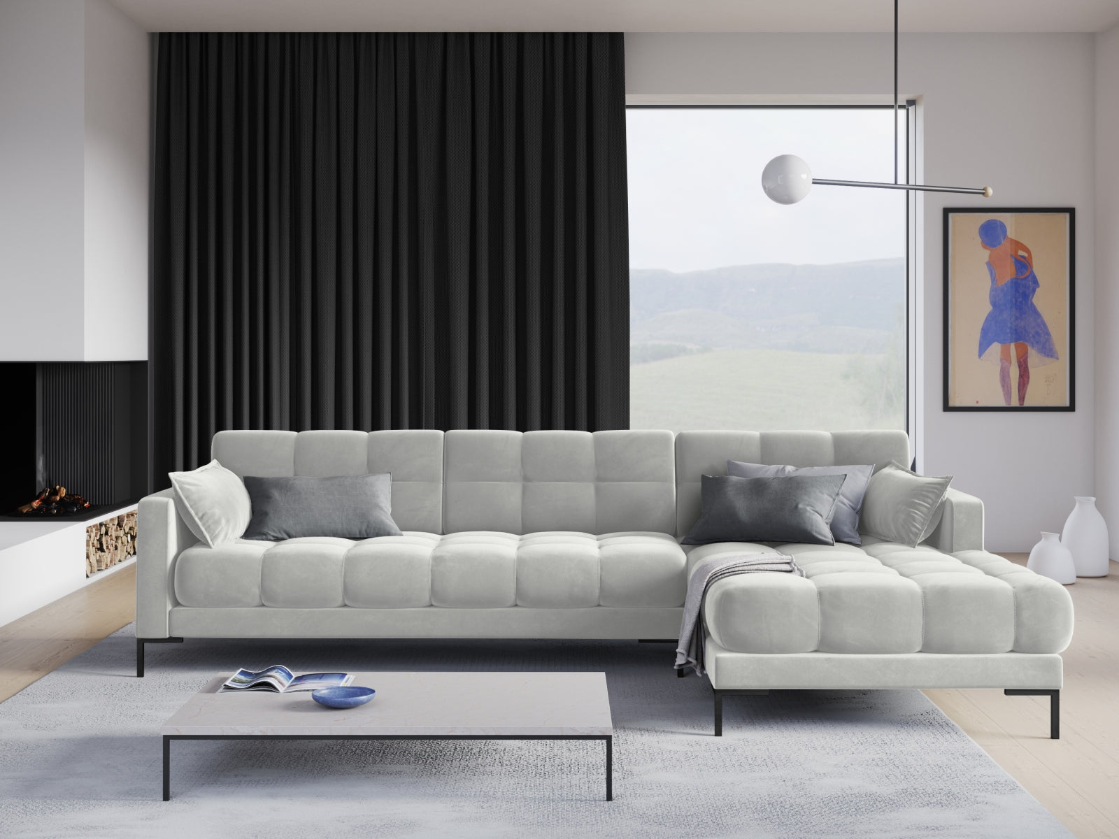Entdecken Sie das elegante Mamaia Velour Ecksofa rechts von Micadoni – ein stilvolles 5-Sitzer Sofa für höchsten Komfort und modernes Wohnen.