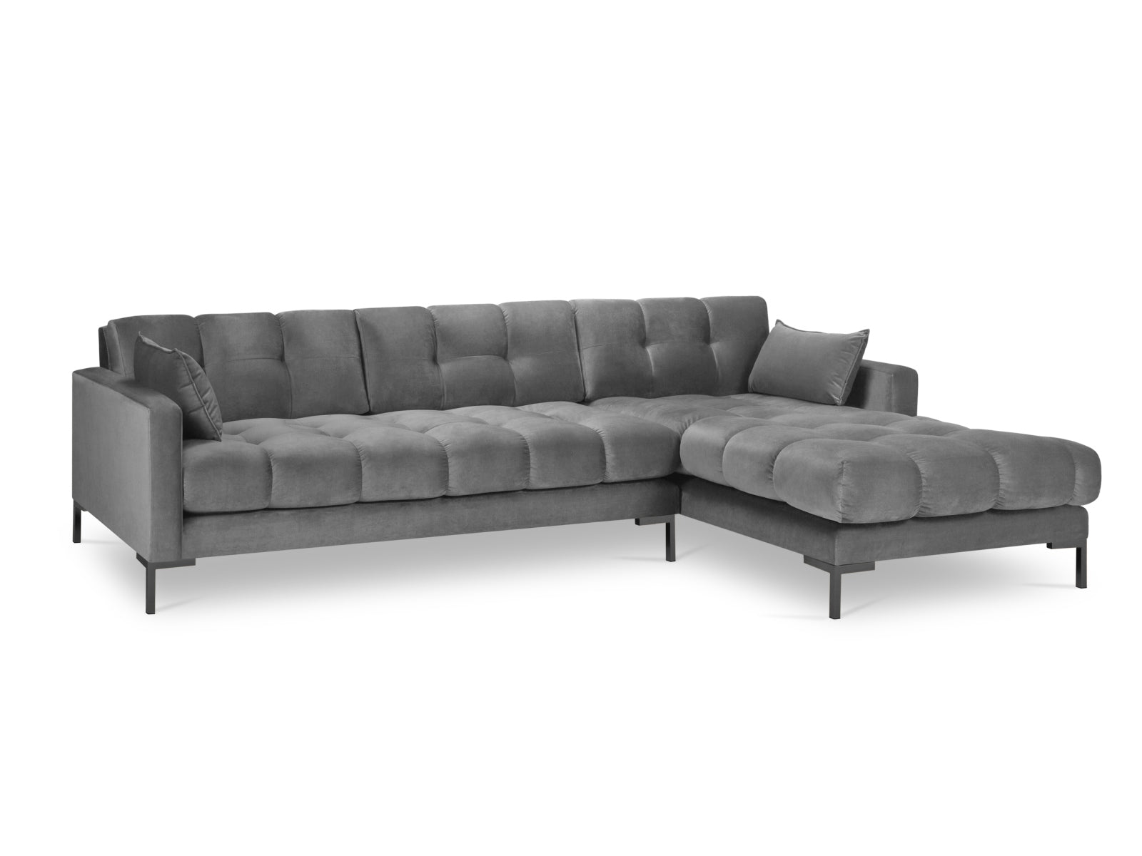 Modernes Mamaia Velour Ecksofa in Hellgrau und Schwarz-Bluvel, 5-Sitzer für komfortable und stilvolle Wohnräume von Micadoni.