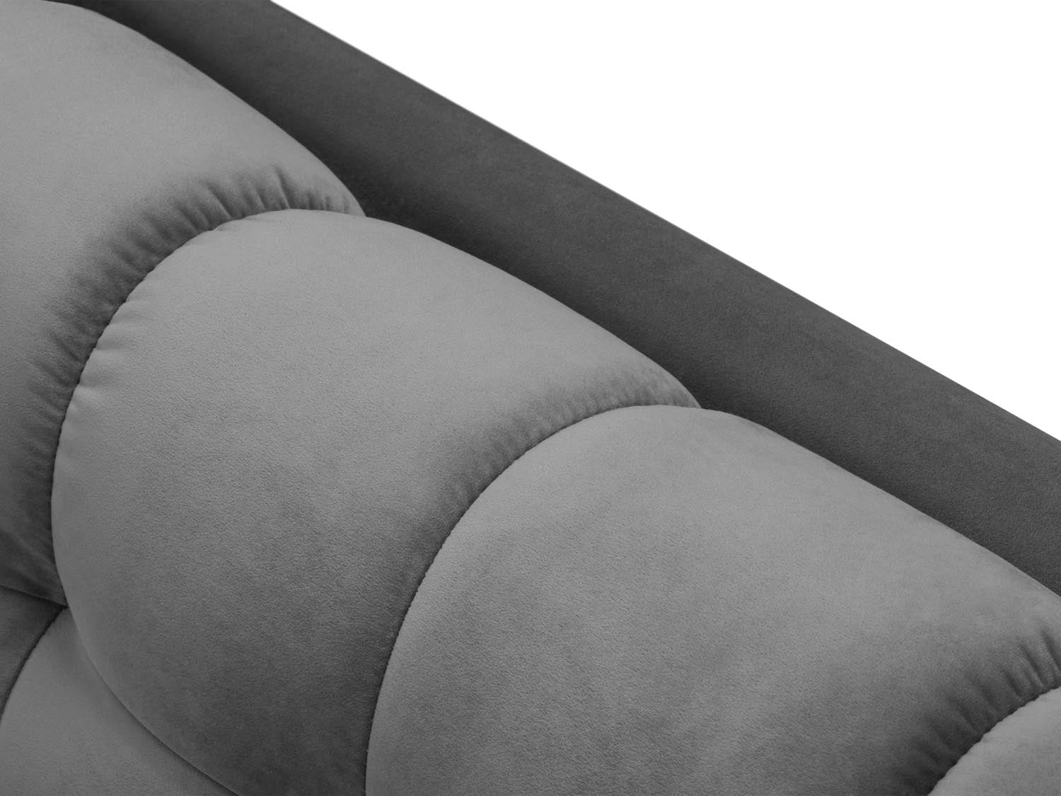 Elegantes Mamaia Velour Ecksofa in Hellgrau und Schwarz-Bluvel, 5-Sitzer, ideal für moderne Wohnkonzepte und gemütliche Abende.