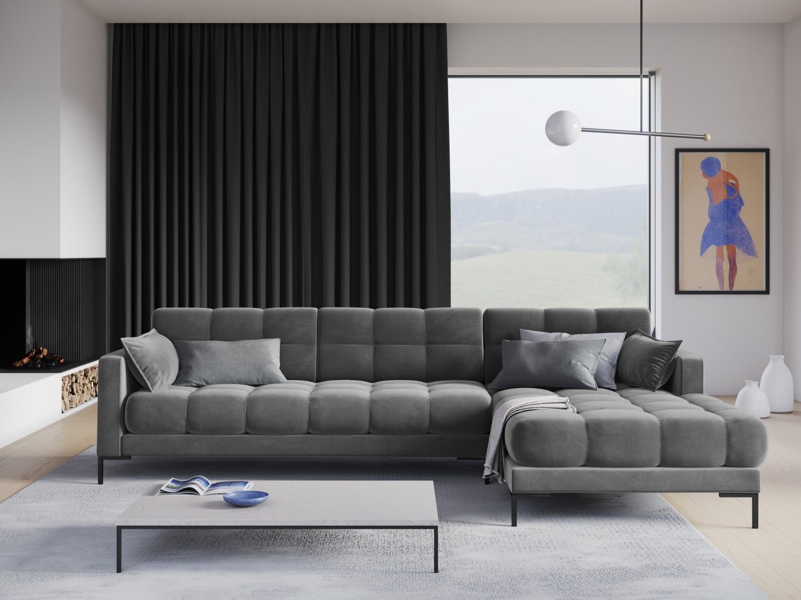 Entdecken Sie das elegante Mamaia Velour Ecksofa rechts von Micadoni – ein stilvolles 5-Sitzer Sofa für höchsten Komfort und modernes Wohnen.