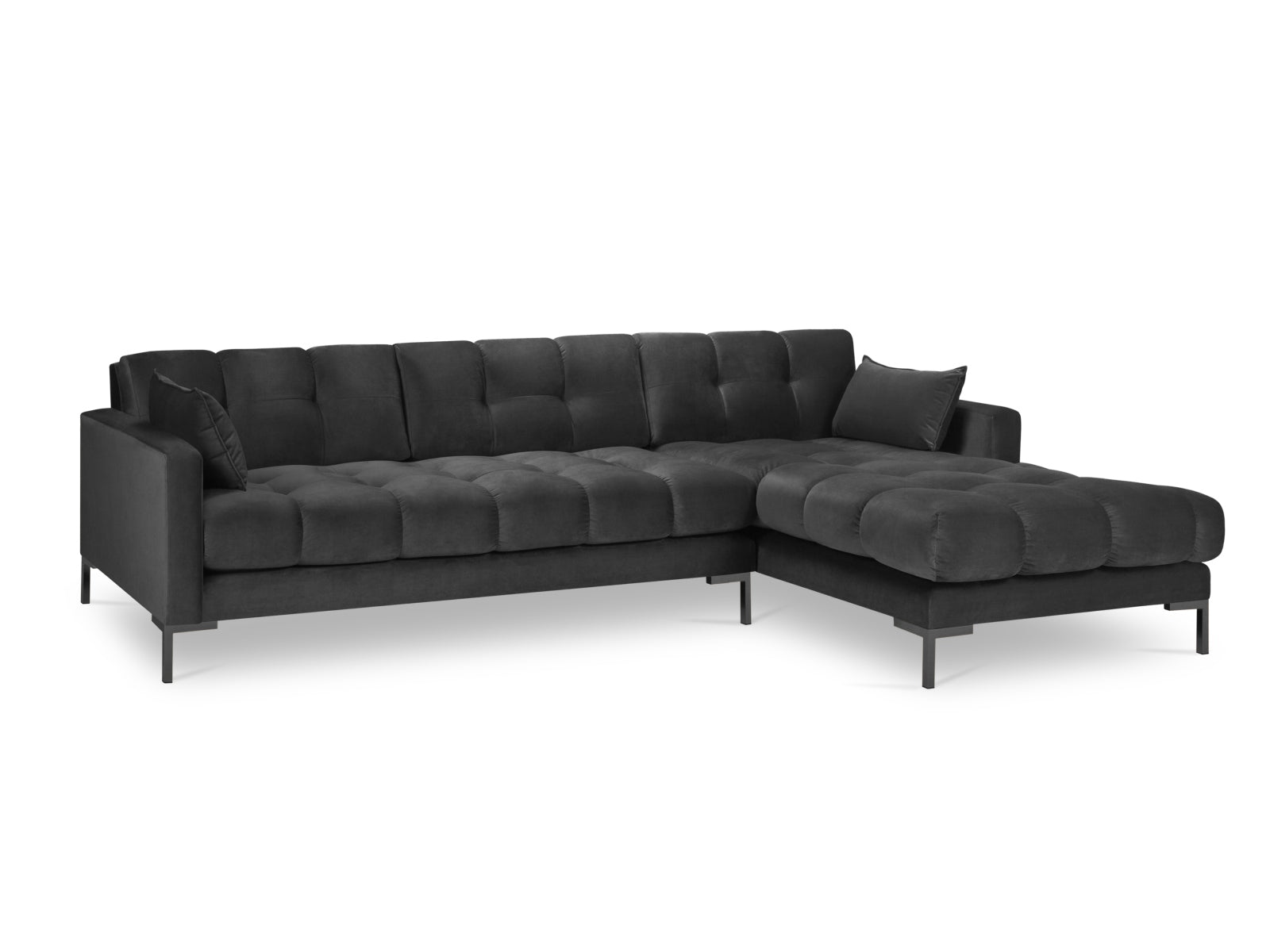 Modernes Mamaia Velour Ecksofa in Dunkelgrau, 5-Sitzer, perfekt für gemütliche Wohnzimmer, erhältlich bei Micadoni.