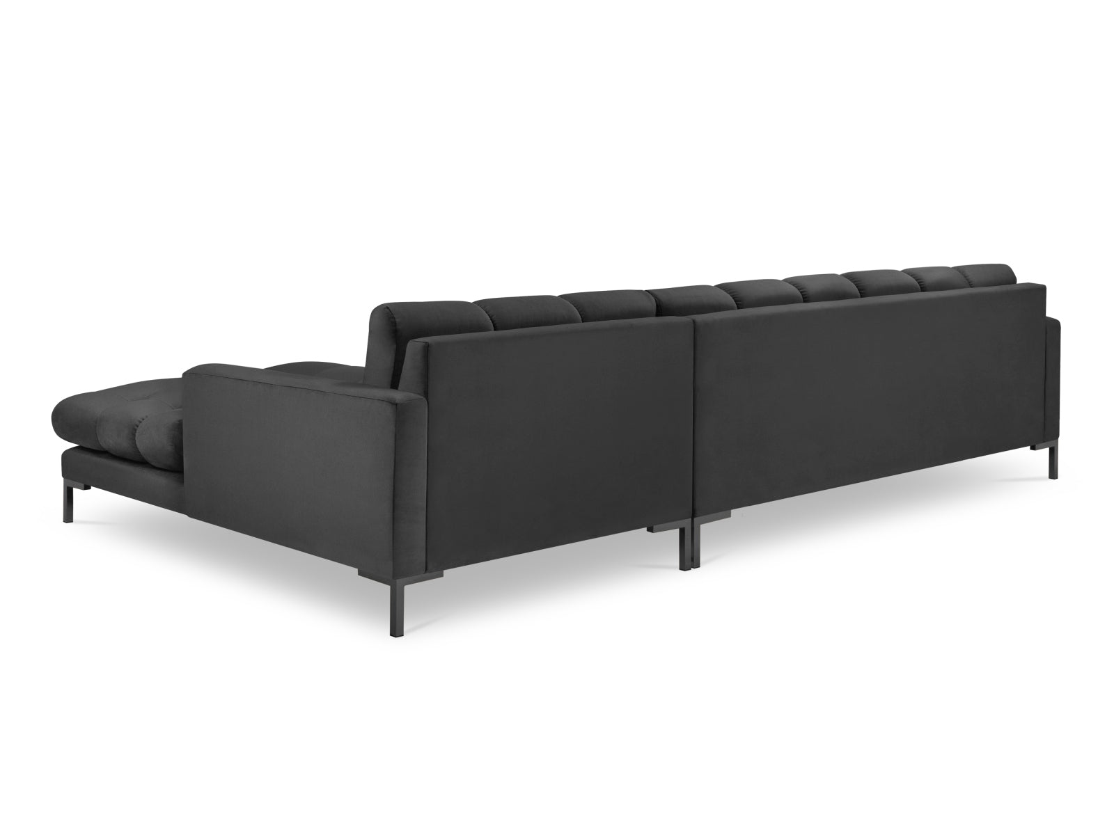 Elegantes Mamaia Velour Ecksofa in stilvollem Dunkelgrau, 5-Sitzer, ideal für entspannte Abende im Wohnzimmer, erhältlich bei Micadoni.