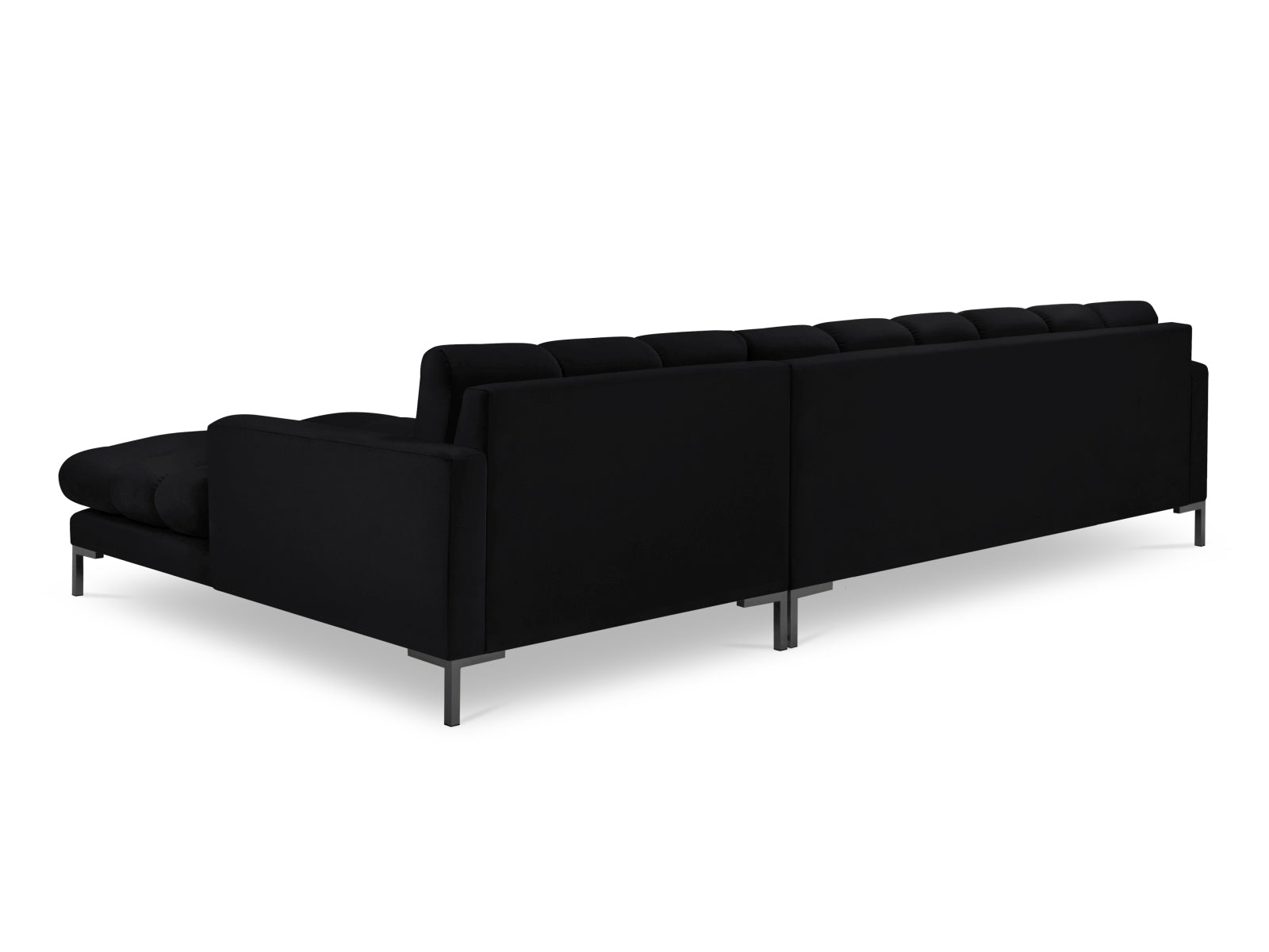 Elegantes Mamaia Velour Ecksofa in stilvollem Schwarz, 5-Sitzer, ideal für entspannte Abende im Wohnzimmer. Hochwertige Verarbeitung von Micadoni.