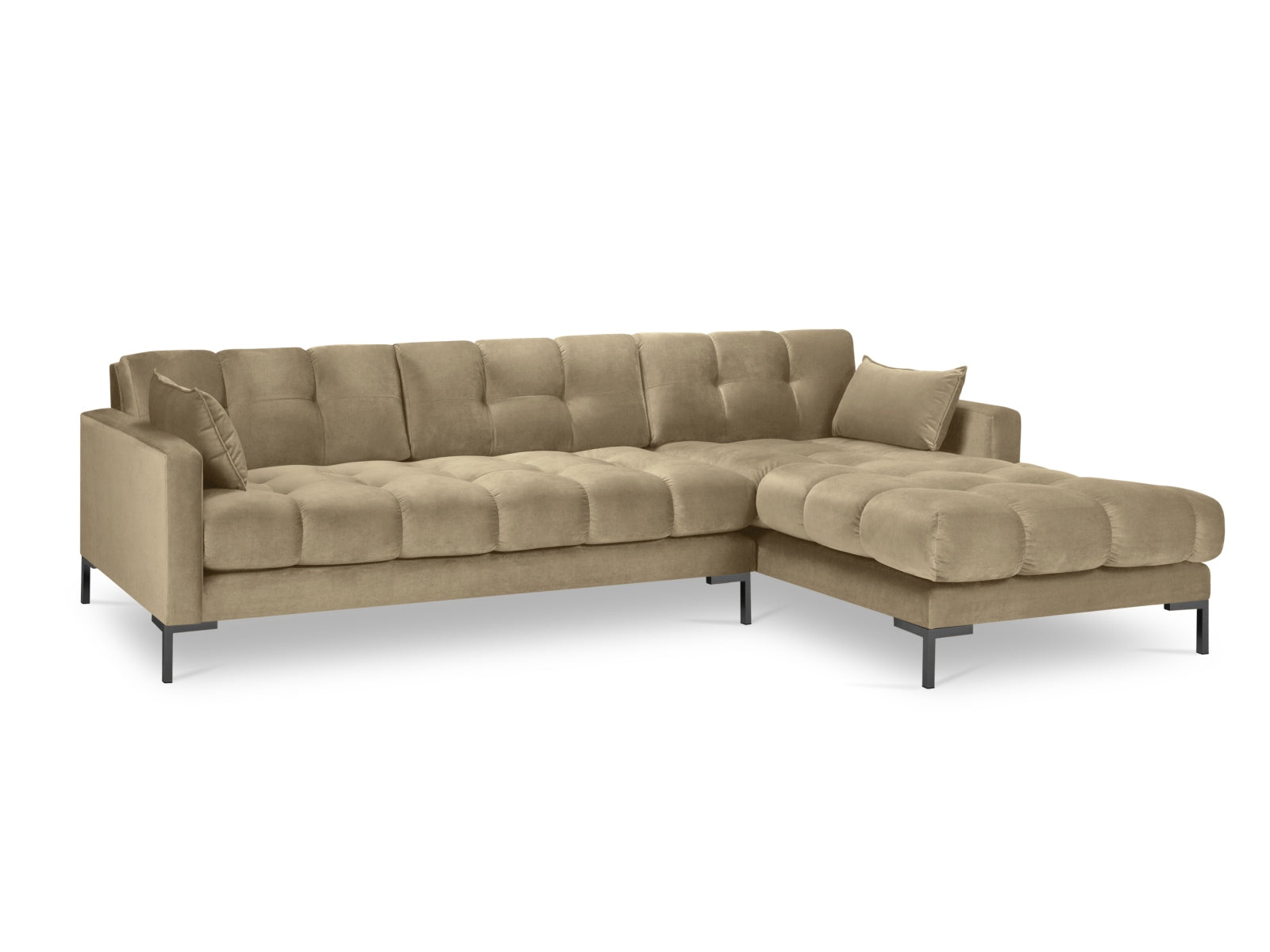 Beige und schwarzes Mamaia Velour Ecksofa von Micadoni, 5-Sitzer, perfekt für moderne Wohnzimmer mit elegantem Flair.