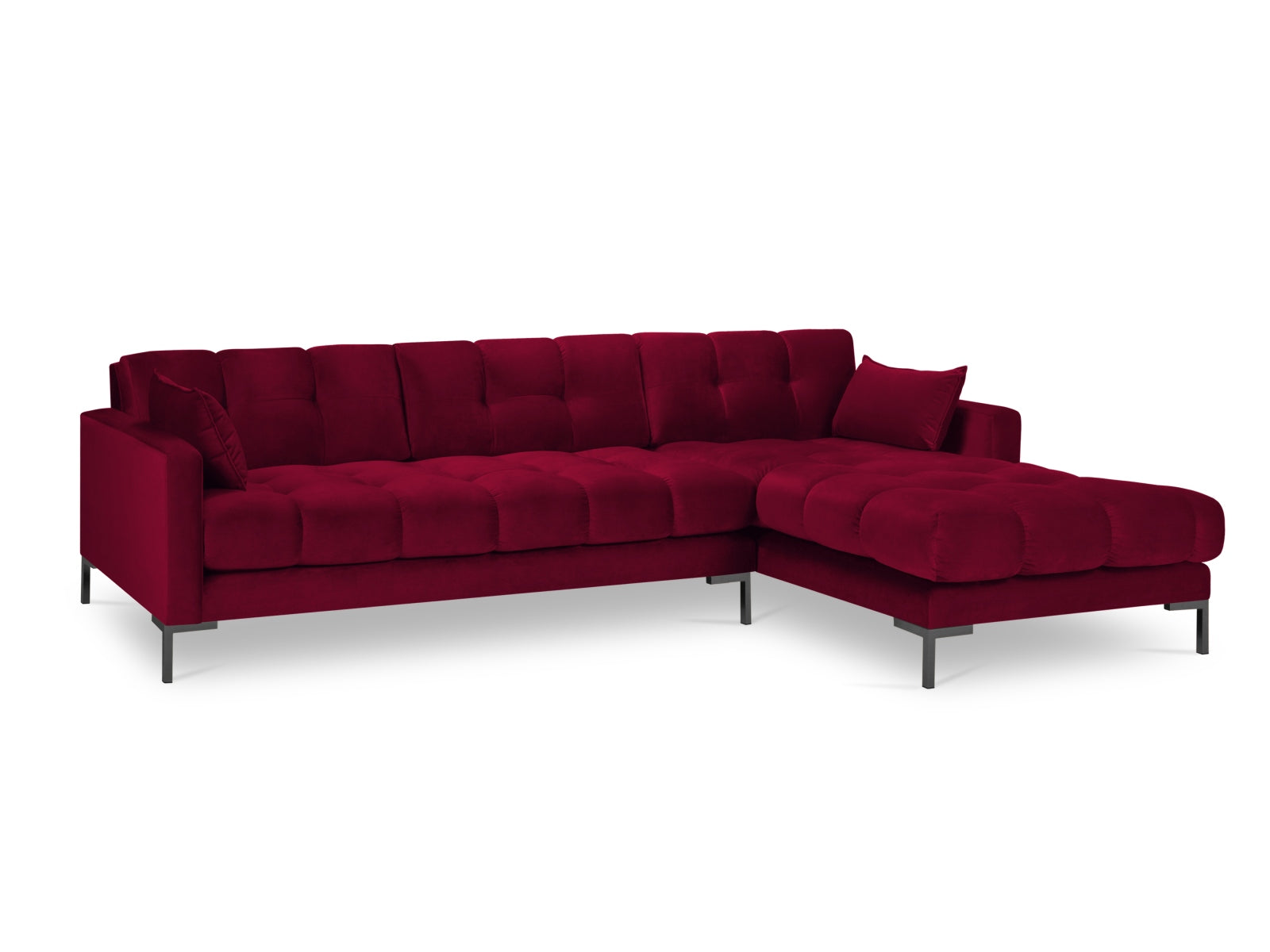Modernes Mamaia Velour Ecksofa in Rot und Schwarz, perfekt für gemütliche Wohnzimmer. 5-Sitzer von Micadoni für stilvolle Entspannung.