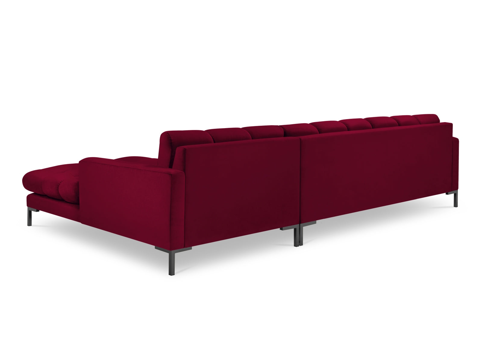 Elegantes Mamaia Velour Ecksofa in Rot und Schwarz, ideal für stilvolle Wohnräume. 5-Sitzer von Micadoni für komfortable Entspannung.