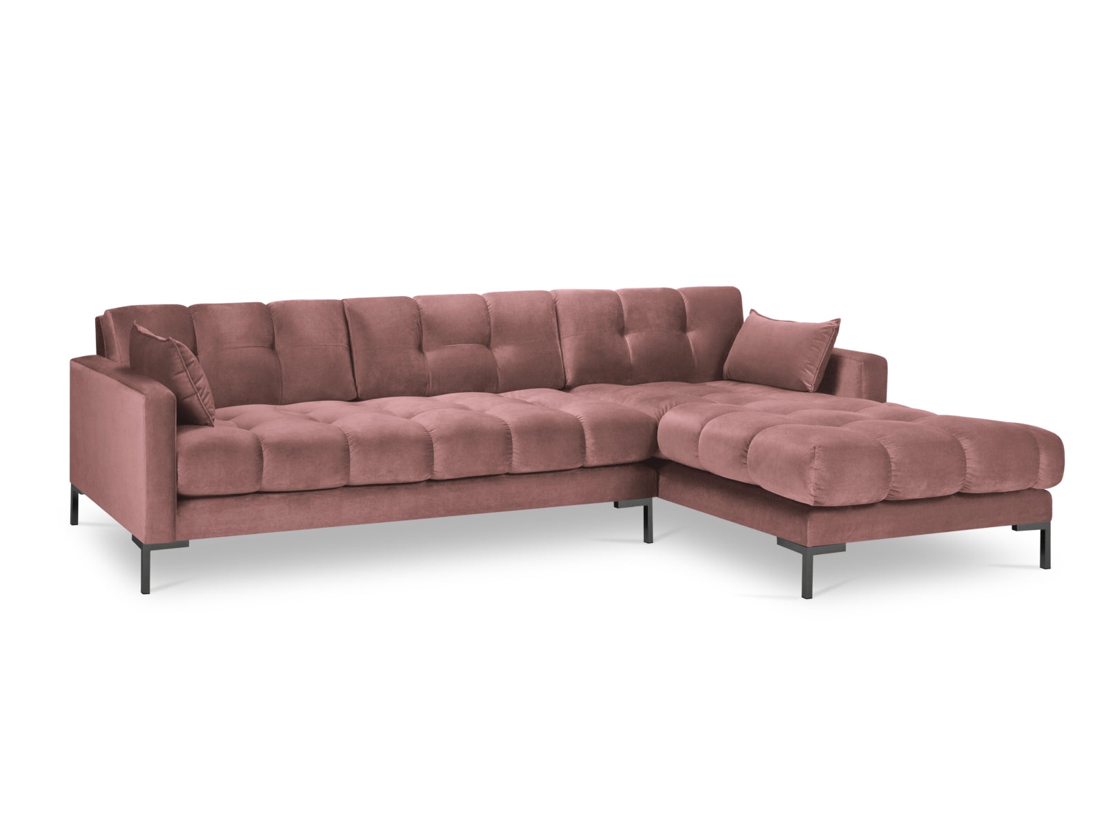 Stylisches Mamaia Velour Ecksofa in ansprechendem Pink und Schwarz, perfekt für moderne Wohnzimmer. Geräumiges 5-Sitzer Modell von Micadoni.