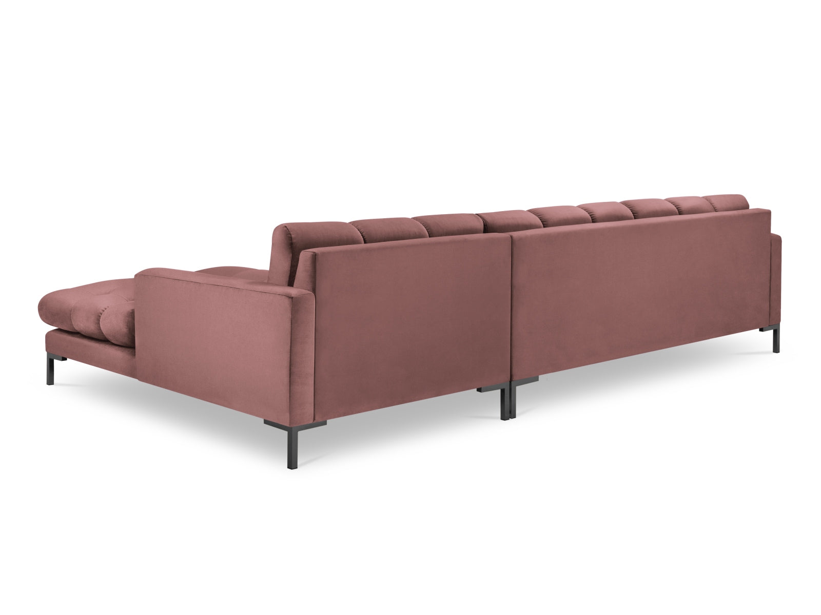 Elegantes Mamaia Velour Ecksofa in trendigem Pink und Schwarz, ideal für stilvolle Wohnräume. Großzügiges 5-Sitzer Design von Micadoni.