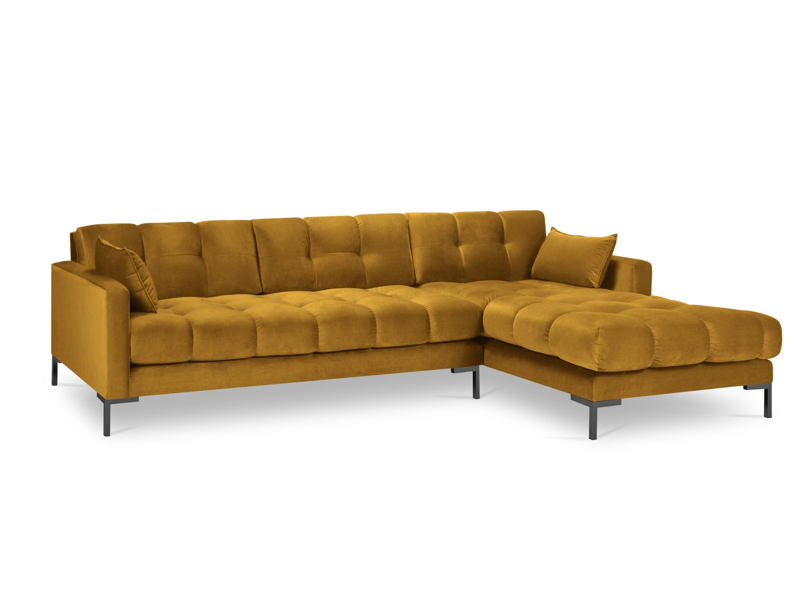 Modernes Mamaia Velour Ecksofa in Gelb und Schwarz, perfekt für gemütliche Wohnzimmer. 5-Sitzer von Micadoni für stilvolle Entspannung.