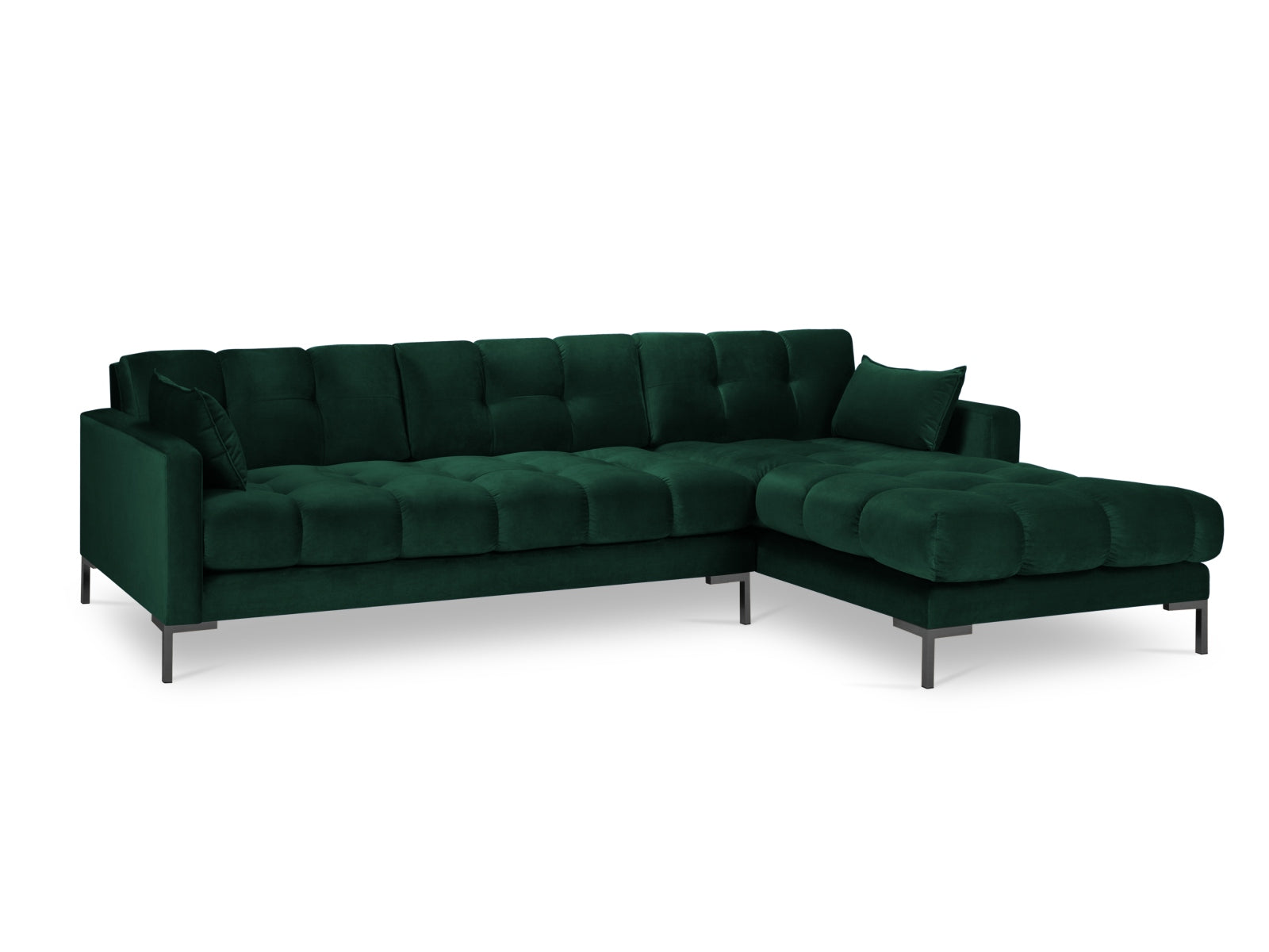 Stilvolles Mamaia Velour Ecksofa in edlem Flaschengrün, 5-Sitzer mit modernem Design, perfekt für gemütliche und elegante Wohnbereiche.