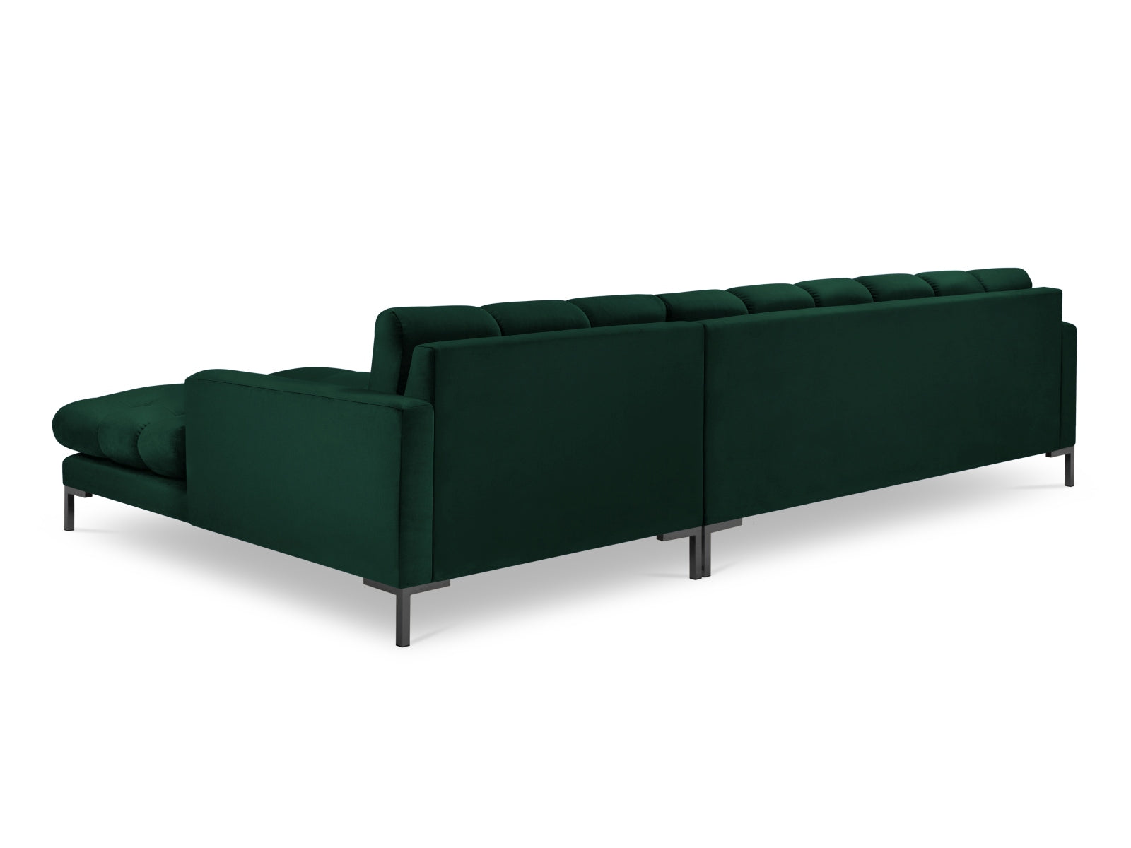 Elegantes Mamaia Velour Ecksofa in tiefem Flaschengrün, 5-Sitzer mit zeitgemäßem Look, ideal für stilvolle und komfortable Wohnräume.