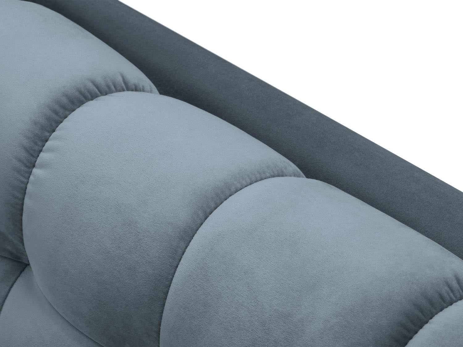 Elegantes Mamaia Velour Ecksofa in zartem Hellblau und Schwarz, ideal für stilvolle Wohnräume. 5-Sitzer von Micadoni für Komfort und Design.