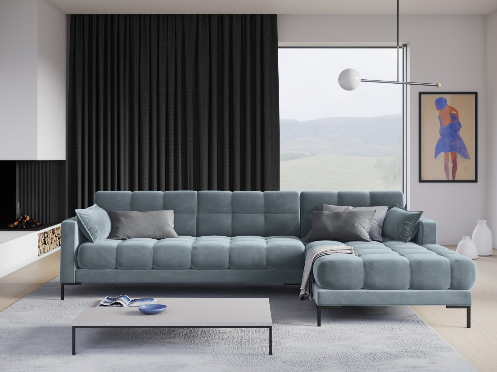 Entdecken Sie das elegante Mamaia Velour Ecksofa rechts von Micadoni – ein stilvolles 5-Sitzer Sofa für höchsten Komfort und modernes Wohnen.