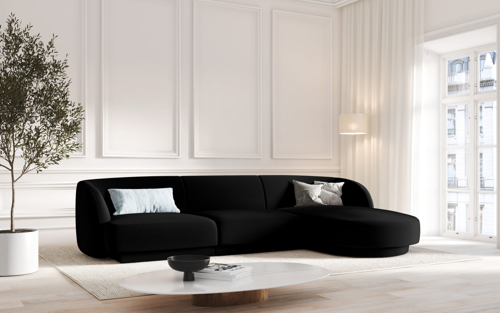 Elegantes Miley Velour Ecksofa in Schwarz-Bluvel, 4-Sitzer, ideal für stilvolle Wohnräume, präsentiert von Micadoni.