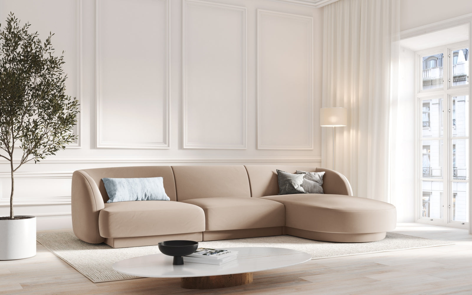 Elegantes Miley Velour Ecksofa in Cappuccino, 4-Sitzer, rechtsseitig, ideal für stilvolle Wohnräume, präsentiert von Micadoni.