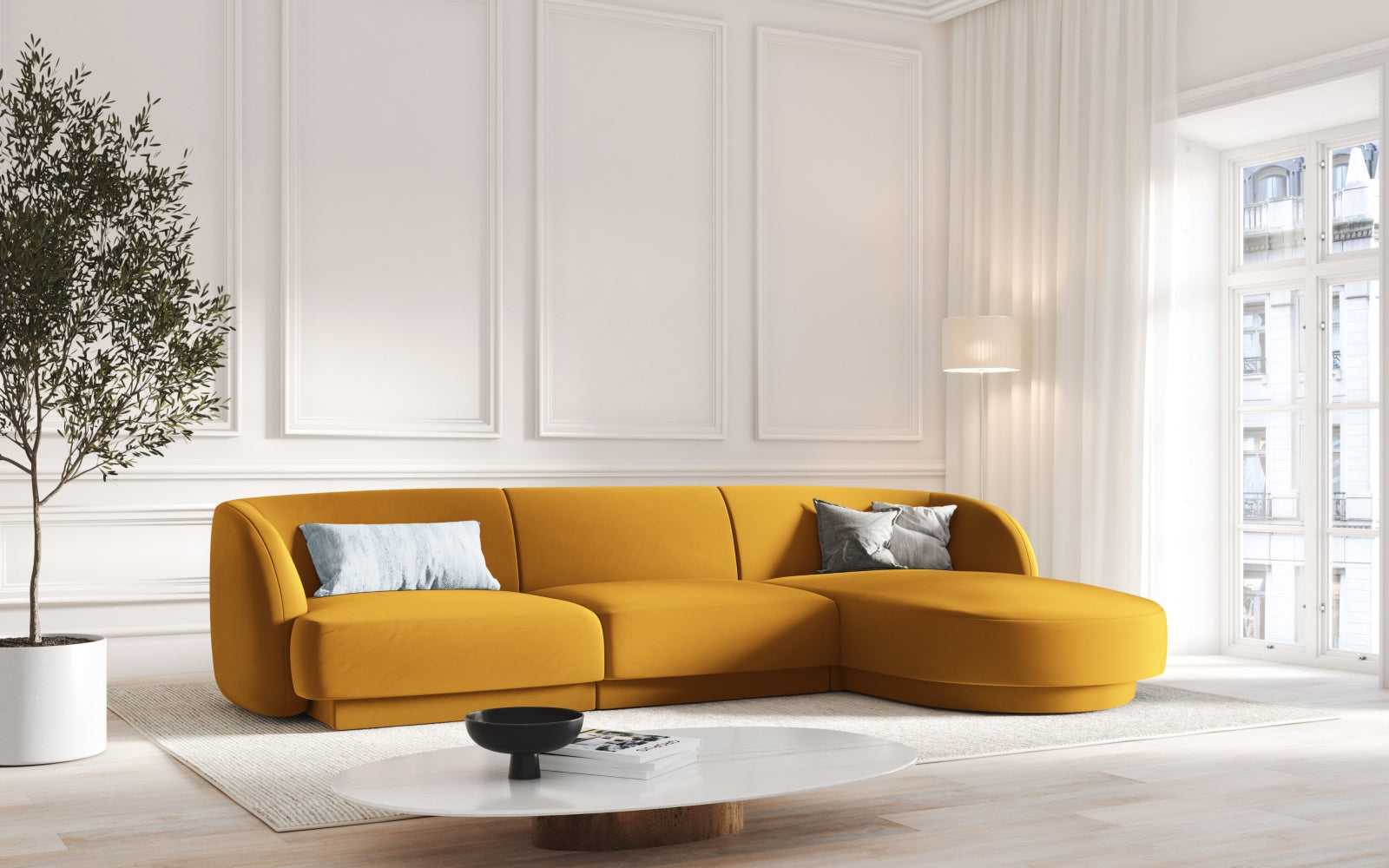 Elegantes Miley Velour Ecksofa in Gelb-Blau, 4-Sitzer, ideal für stilvolle Wohnräume, präsentiert von Micadoni.