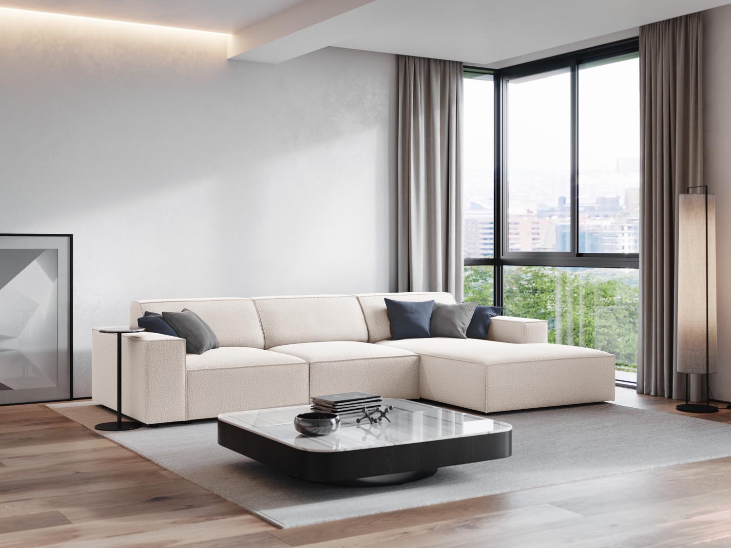 Elegantes, modulares Ecksofa in hellem Beige, ideal für stilvolle Wohnräume. Komfortables 4-Sitzer-Design von Micadoni.